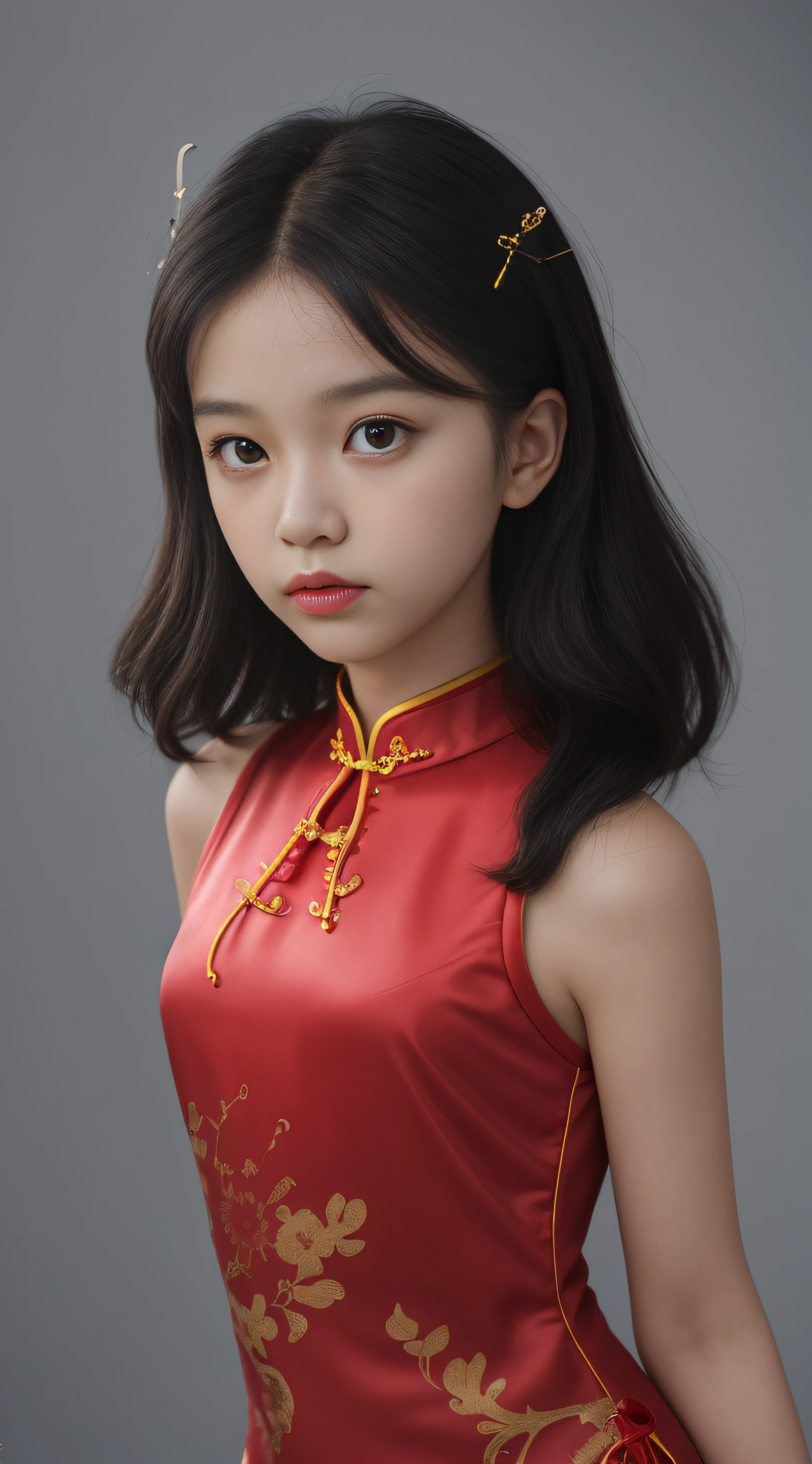 best qualtiy, hyper-high detail，Overlooking，Full body like，9year old girl，Refined face，Coiled hair，Hairpins，Hairpins，pretty  face，Skin reflection，Red cheongsam，slimfigure，Shy，Smaller bust，cropped shoulders，Optimal body curves，High split end