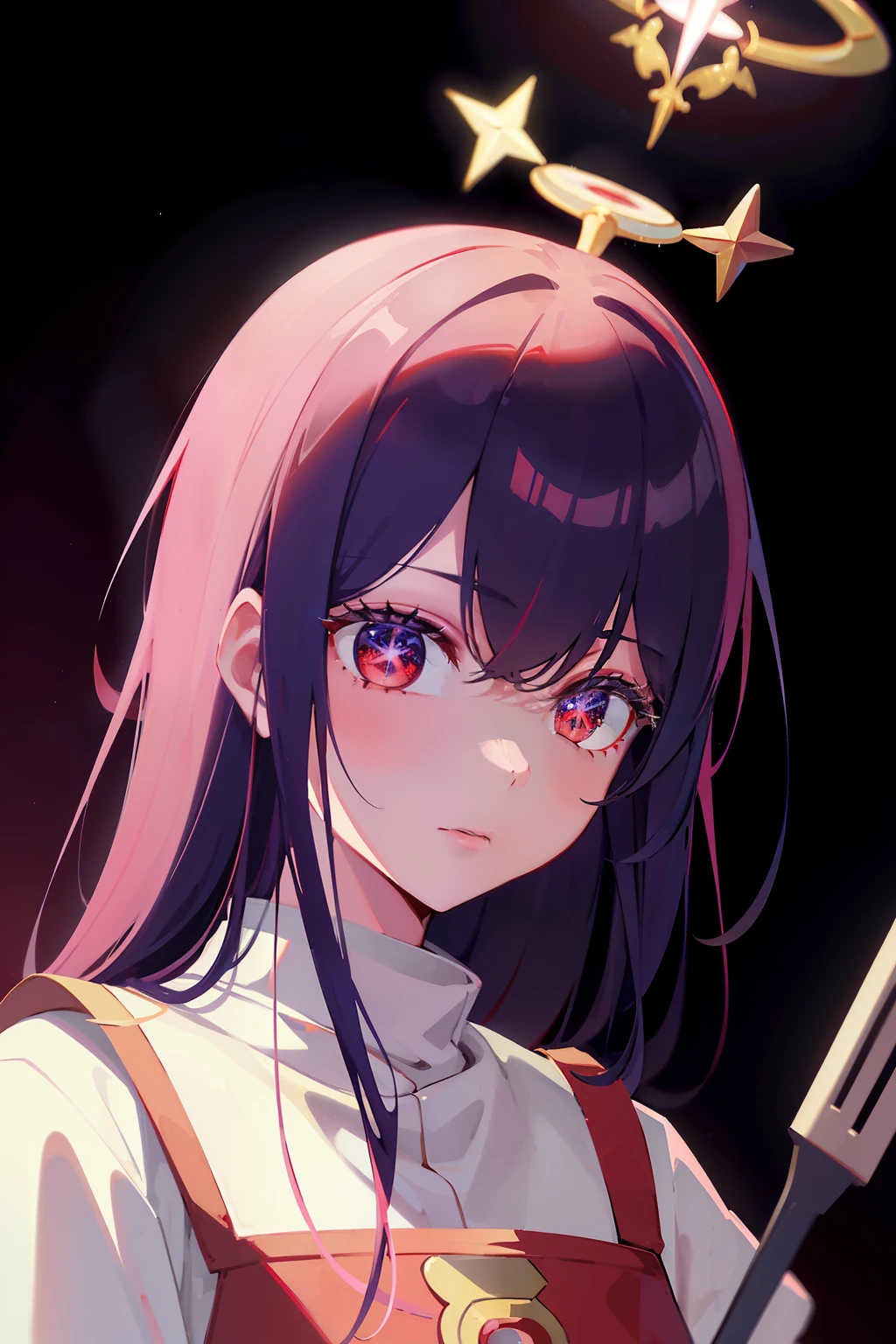 1 beautiful anime priest, red and white priest robe, hight detailed, ray tracing, space background, perfect, ultra high detailed, highly detailed face, saint halo, spatula scepter