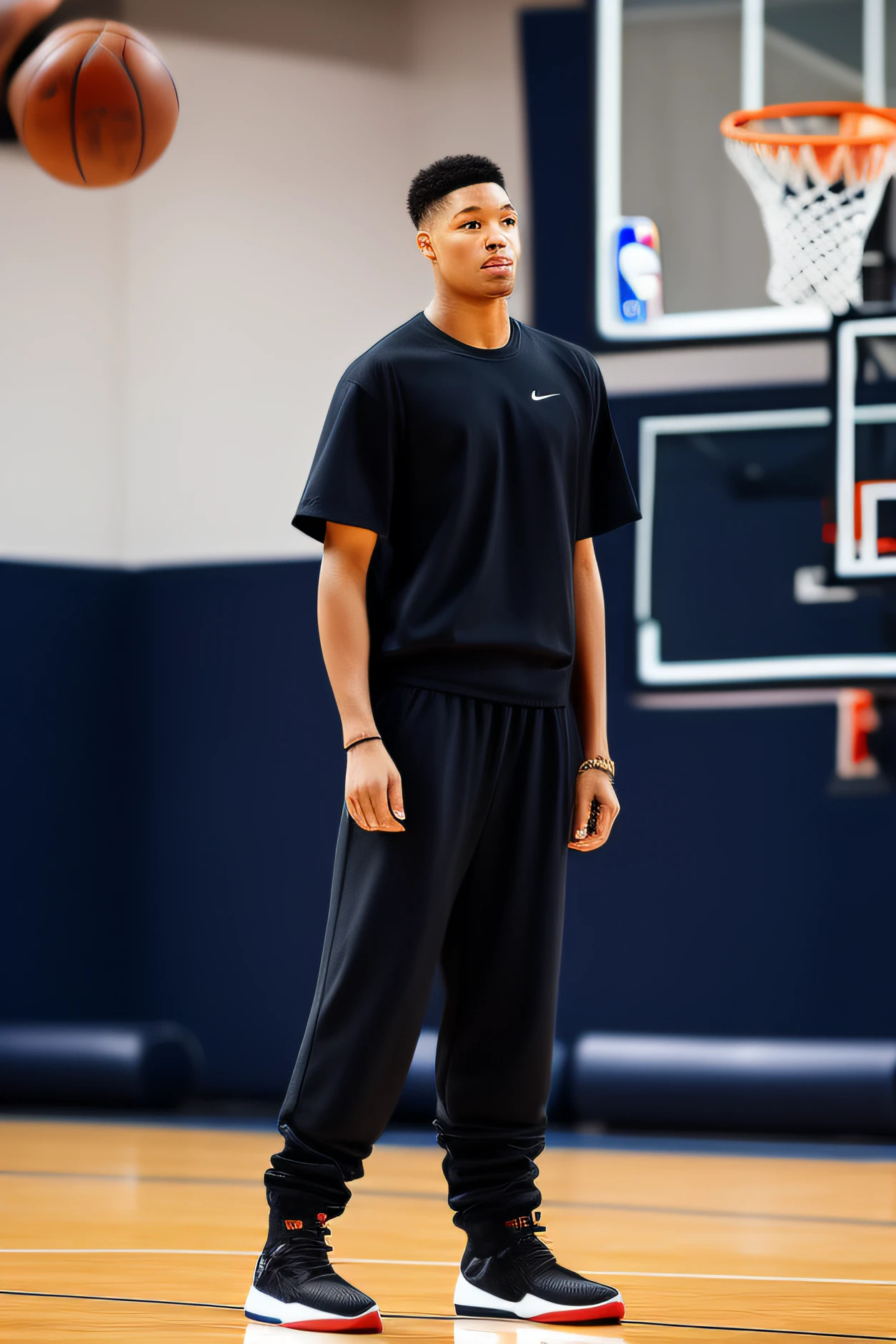 A man stands on a basketball court,Leisurely hands in pockets, baggy pants, Large pants, Wear loose plain black sweatpants, wearing a baggy, Show only pants, Sporty style, Fashion 2023, high waist sweatpants, Pants, Pure black, in style of ultra realistic