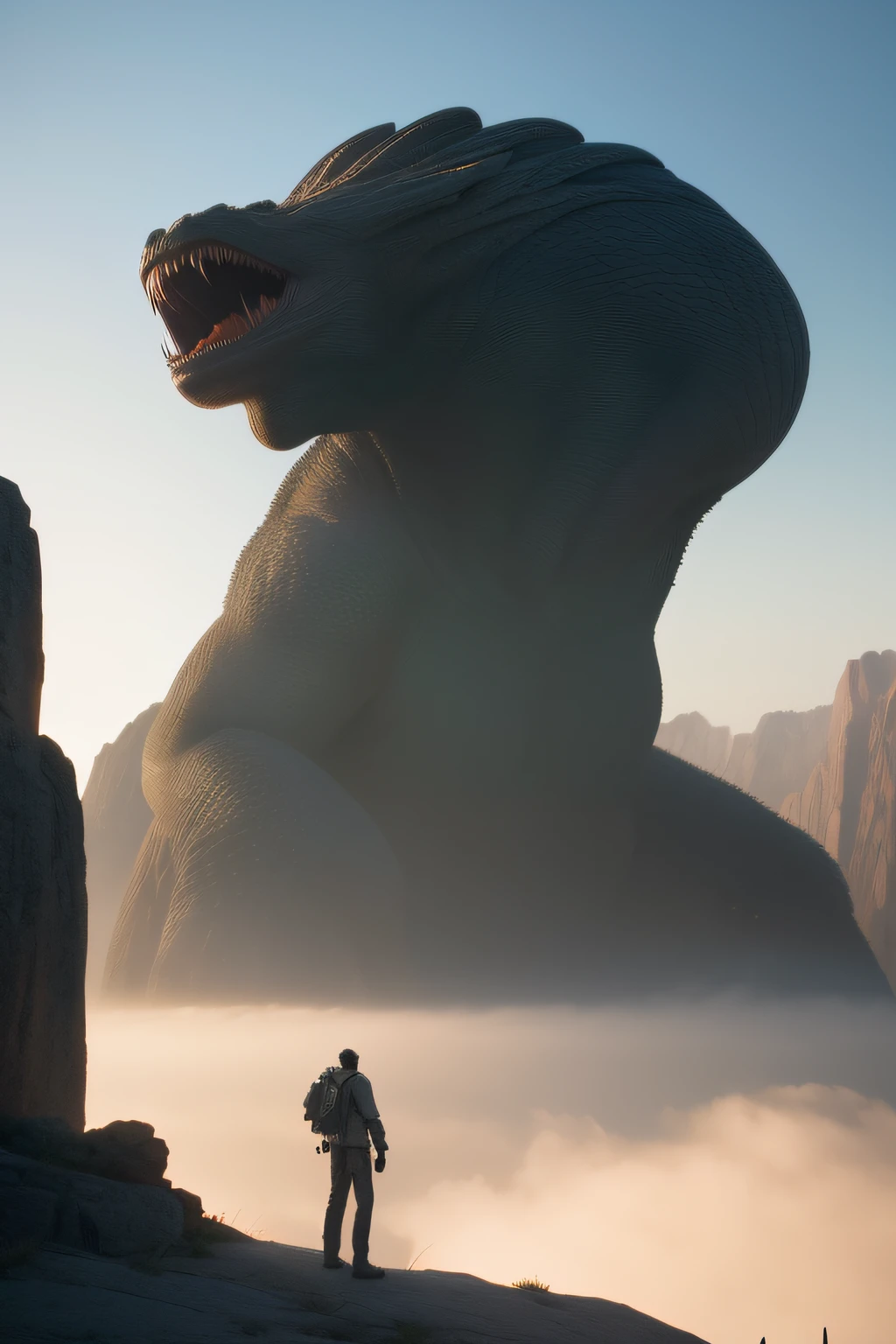 A highly detailed matte painting depicting a man on a mountain looking at a giant alien monster, by Makoto Shinkai, by Artgerm, by WLOP, by Greg Rutkowski, volumetric lighting, octane rendering, 4K resolution, popular on Artstation, masterpiece