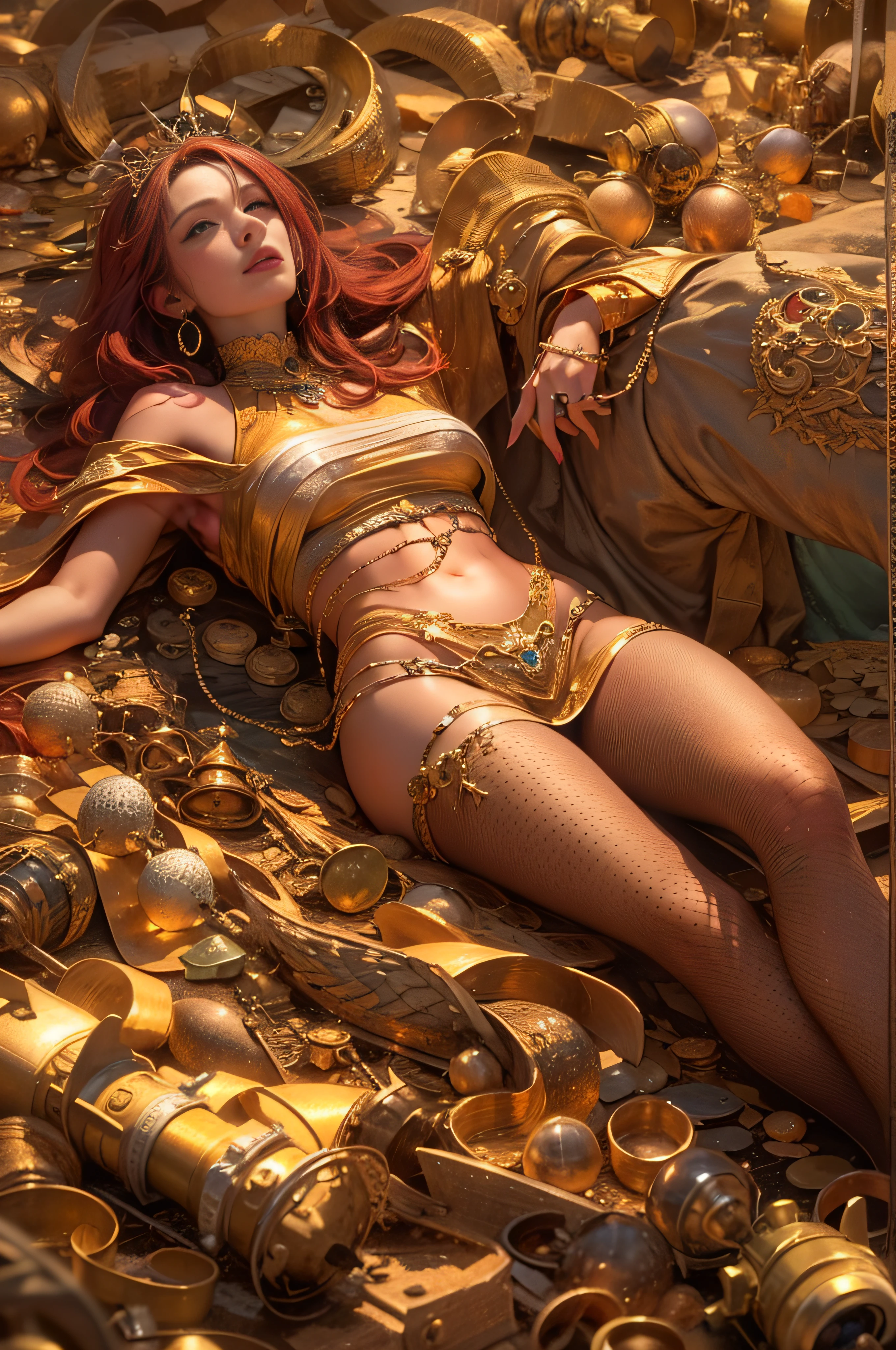 hyper realistic, ultra detailed photograph of a beautiful exotic woman lying on a mountain of gold,  depth of field, HOF, hall of fame, apocalyptic environment, natural body posture, professional photographer, captured with professional DSLR camera, trending on Artstation, 64k, ultra detailed, ultra accurate detailed, bokeh lighting, surrealism, Thomas Kinkade background, urban, ultra unreal engine, ((Pauline Voß)), ((Pascal Quidault)), ((Anna Helme)), Martina Fackova, intricate, epic, freckles, peach fuzz, detailed mascara