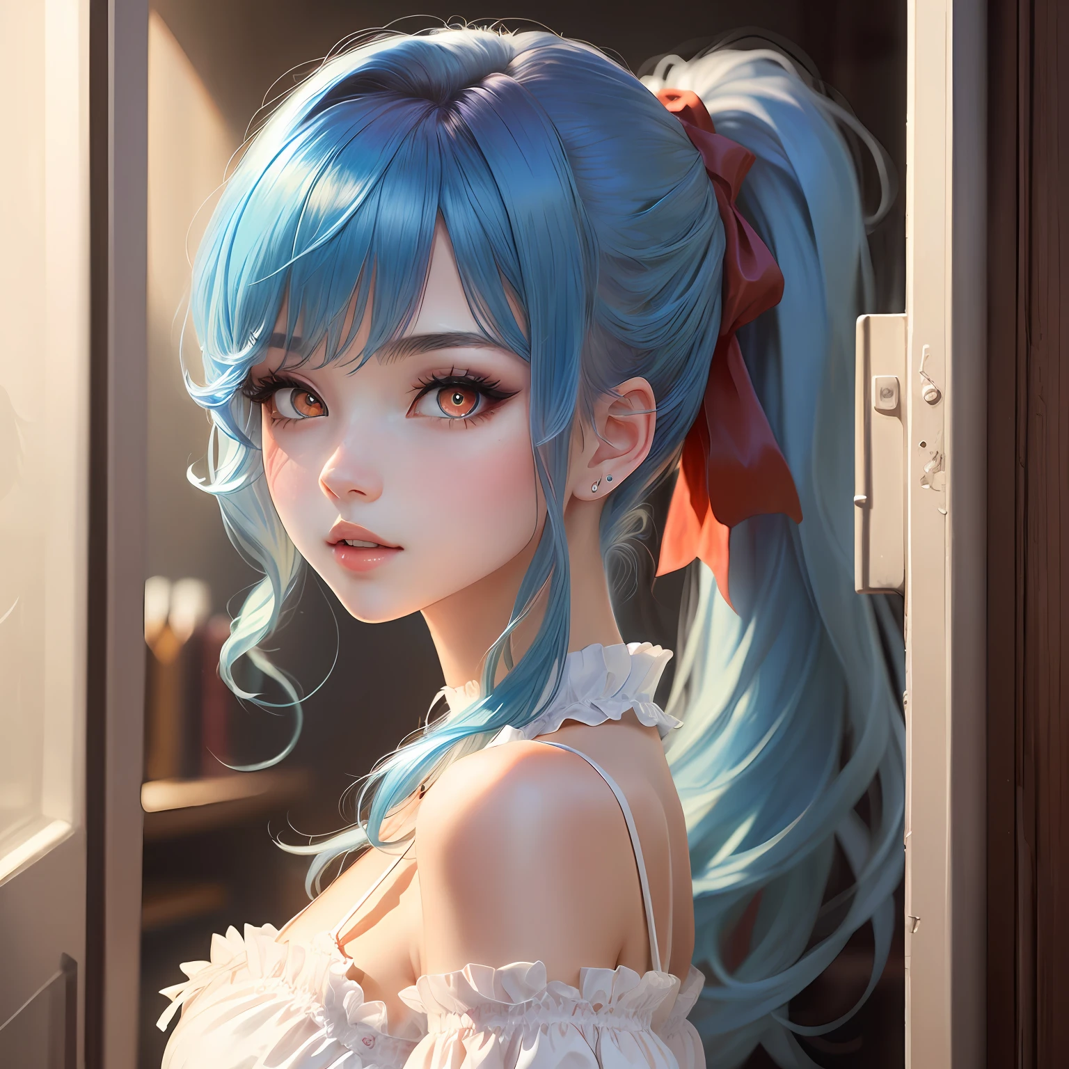 Girl, blue hair, double ponytail, red pupils, ta, white silk