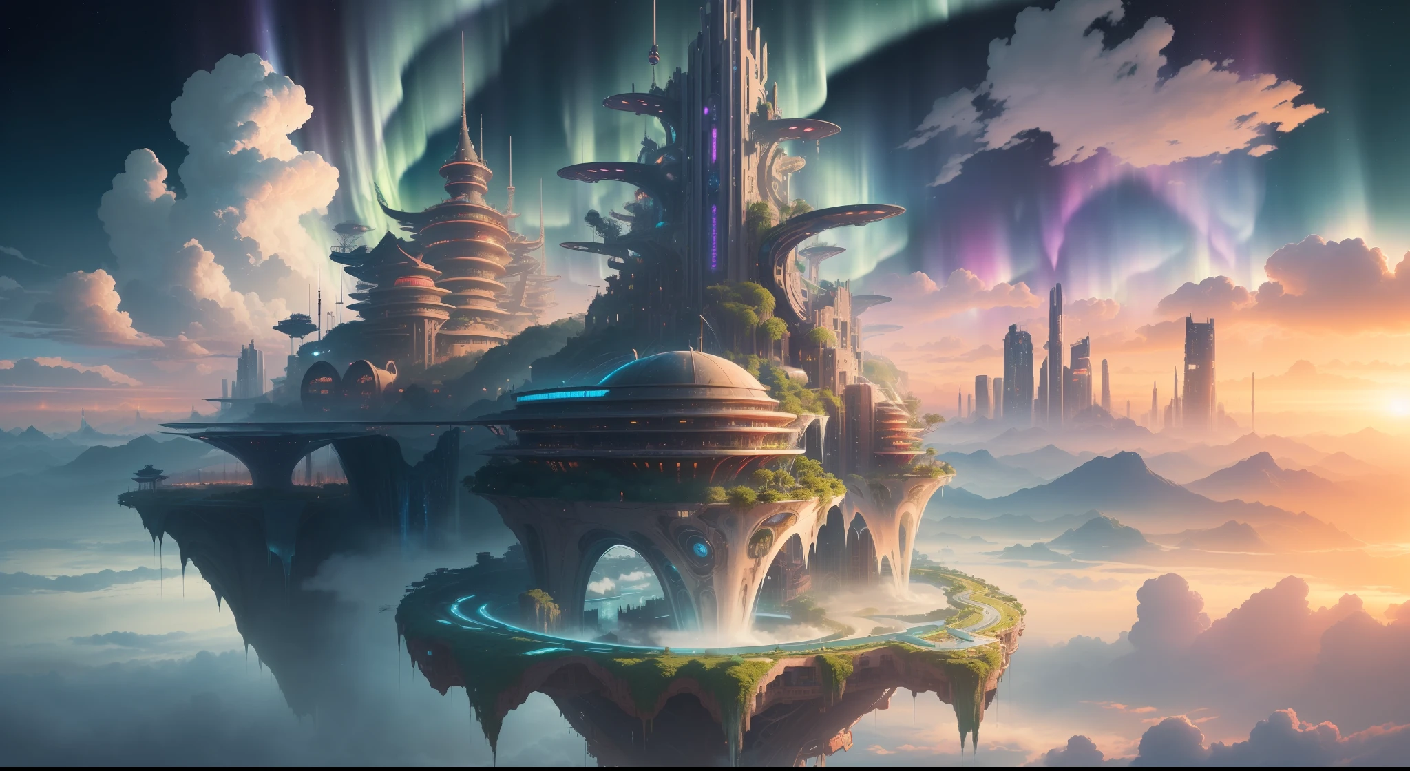 (flying cyberpunk city in the sky,Floating cyberpunk islands,the World Tree,Mobius strip,aurora,nuclear explosion,All kinds of exotic flowers and plants,giant and complex mechanical structure intricate building body,Chinese style fairyland design,cloud,sky,deconstruction:1.35),(future city,Aerial view,Concept art,sky:1.25),(upper part starry sky water+Lower steam nebula waterfall+sunset glow),
