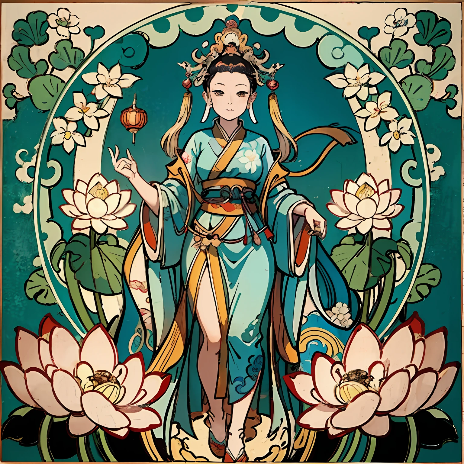 "contented female bodhisattva，guanyin of the southern seas，Serene expression，standing on a lotus，goddess of love and peace，attractive male deity，the non-binary deity of spring，goddess of nature"shui mo hua,Buddha,Buddhist,Lotus,Chinese painting style,Thangka style