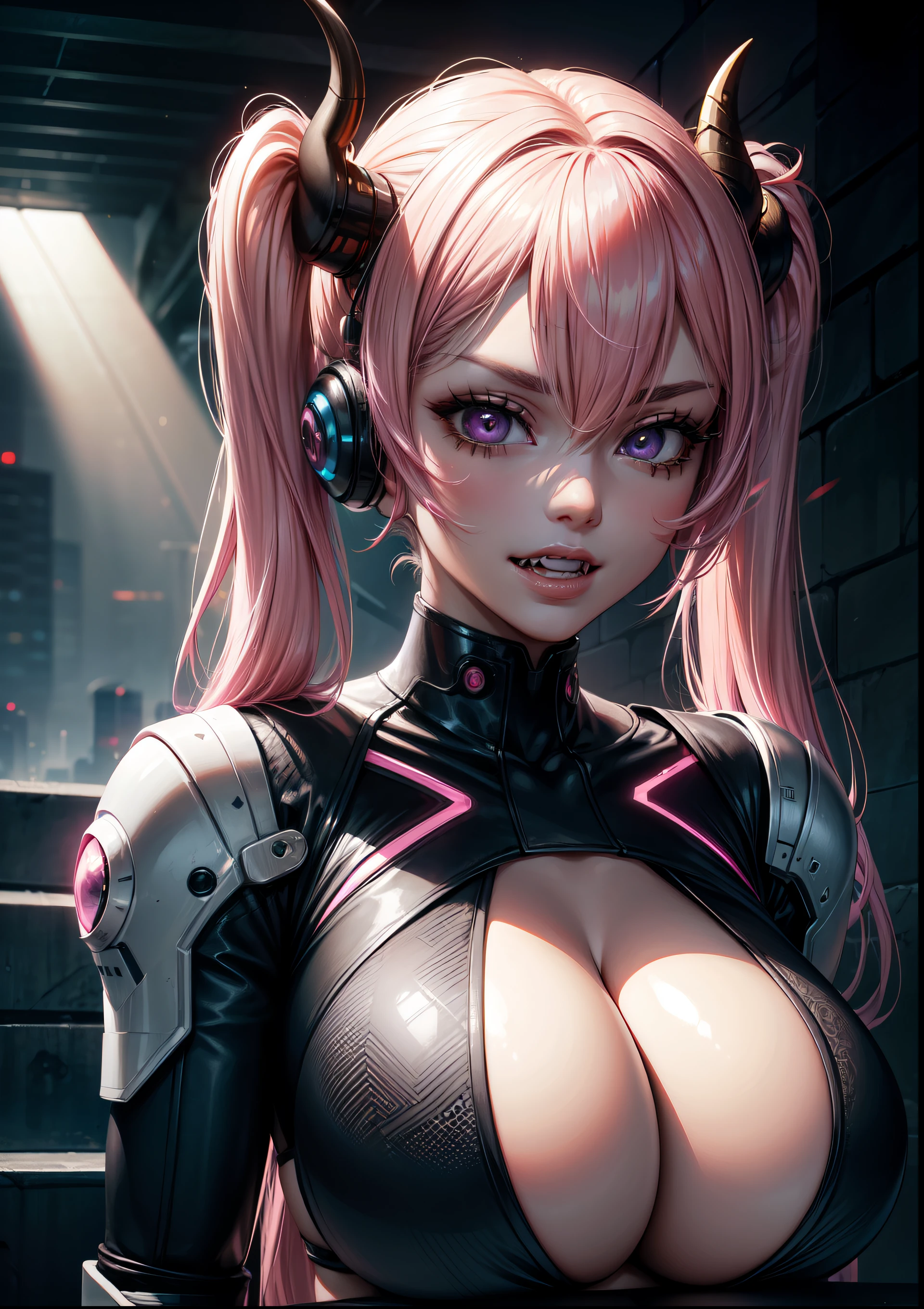 4k, twin tails ,Lens flare, pink hair ,mascara, eyeliner, god rays, 4k, 8k, best quality, masterpiece, hyper detailed, intricate detail, 1girl, solo, detailed, Detailed fuschia hair ++, detailed pink eyes ++, raytracing, perfect shadow, highres, enhanced eyes, huge breasts, horns, evil grin, narrow eyebrows, seductive, fangs, hyper detailed, interesting background, , detailed face, detailed clothing. volumptuous, colourful background, futuristic setting, ai, cyberwear, robot, in the city, cyber suit, dominant,