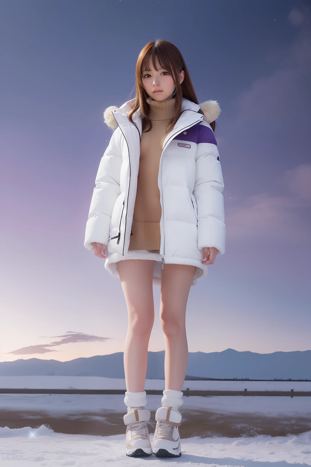 Alafed drawing of a girl in a white jacket and brown teddy bear, In an anime style, made with anime painter studio, inspired by Rei Kamoi, anime style character, In anime style, Full body:: Snow outside::, Cold, a cold, Wearing a detailed purple coat, Cold snow outside, unrealistic character concept