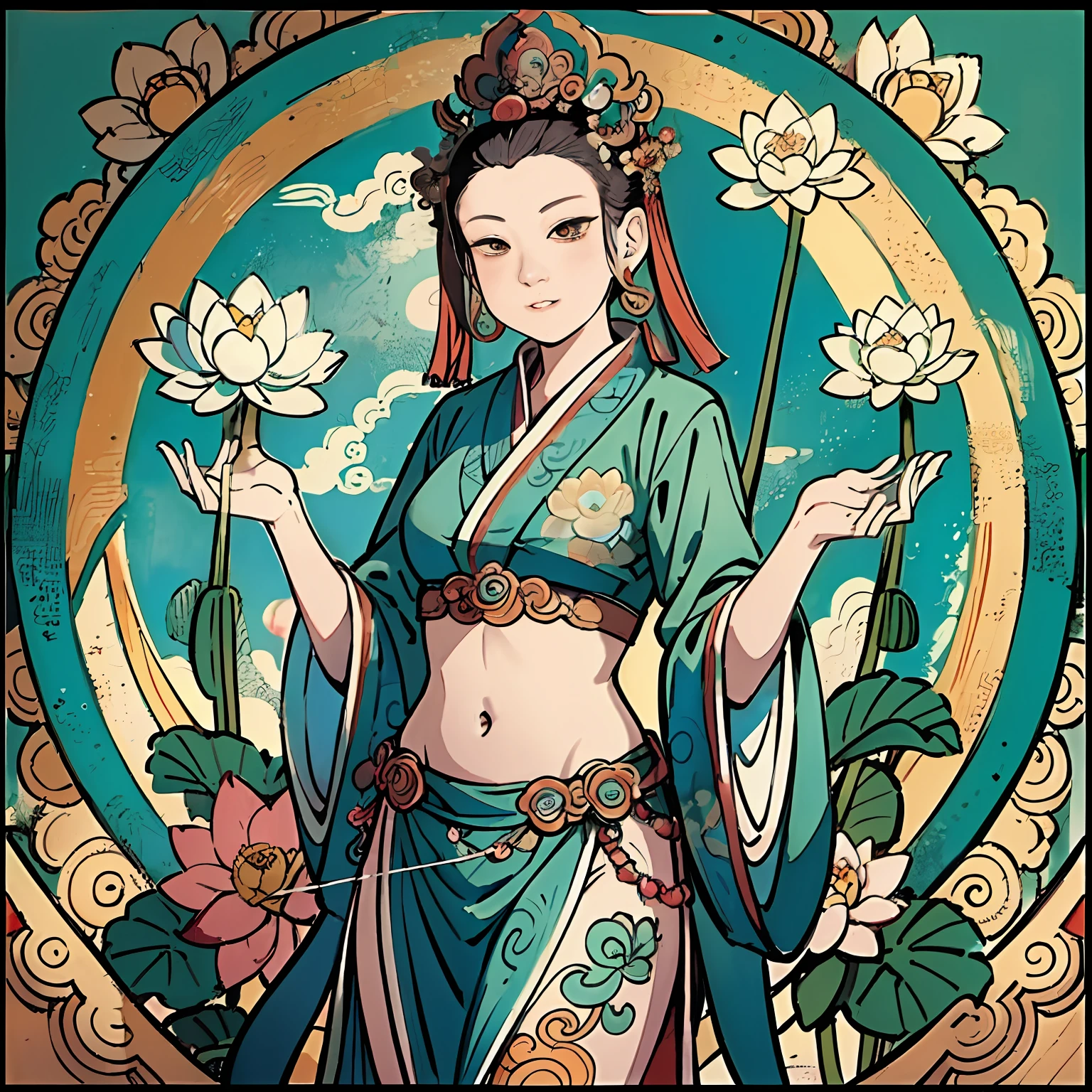 "contented female bodhisattva,guanyin of the southern seas,Serene expression,standing on a lotus,goddess of love and peace,attractive male deity,the non-binary deity of spring,goddess of nature"shui mo hua,Buddha,Buddhist,Lotus,Chinese painting style,Thangka style