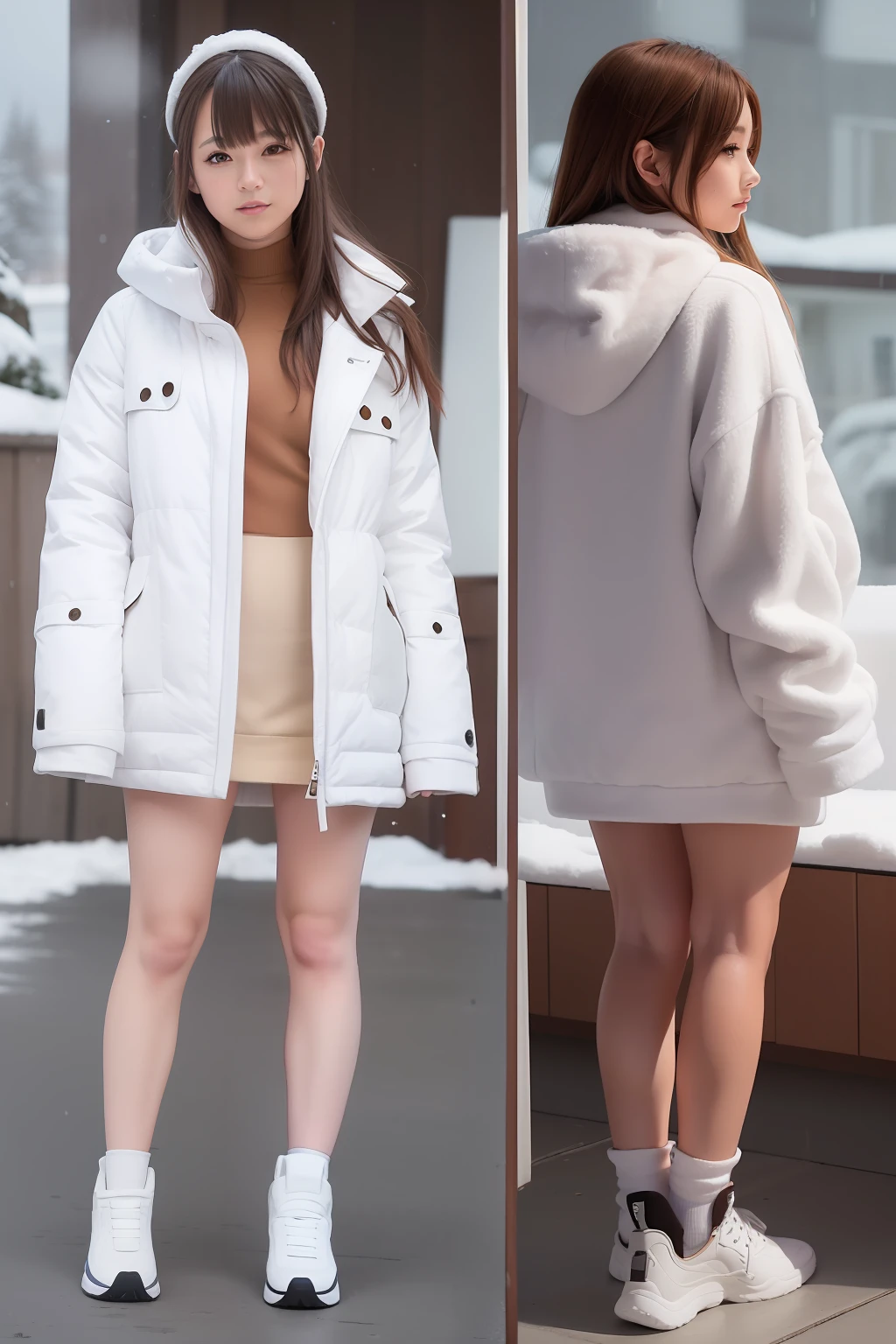Alafed drawing of a girl in a white jacket and brown teddy bear, In an anime style, made with anime painter studio, inspired by Rei Kamoi, anime style character, In anime style, Full body:: Snow outside::, Cold, a cold, Wearing a detailed purple coat, Cold snow outside, unrealistic character concept