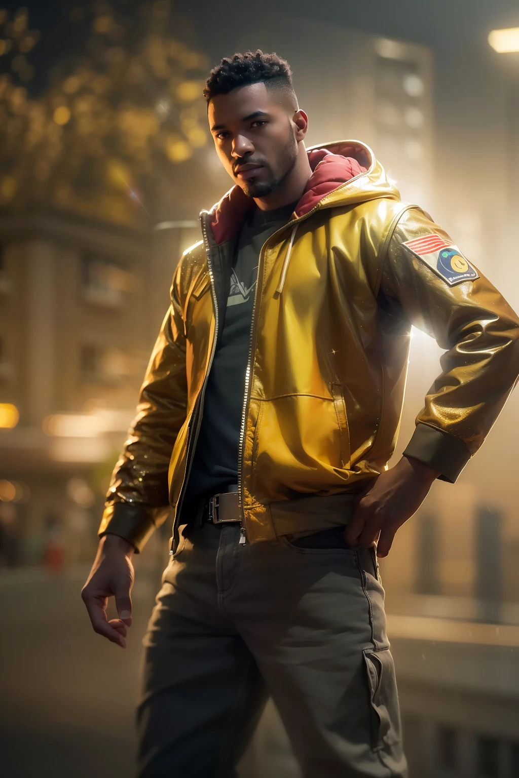 (
(Character: one afro-american man, military, short hair, (athletic body, stronger))
(Clothing: yellow jacket, overalls, boots)
(Pose: upper body shot:1.7, dynamic pose)
(blurry, intense urban lights in background)
(Style: ((masterpiece:1.5)), (face detailed), photo-realistic:1.3, hyperrealistic, foggy, high contrast, shiny skin, soft lighting, backlighting, bloom, light sparkles, chromatic aberration)