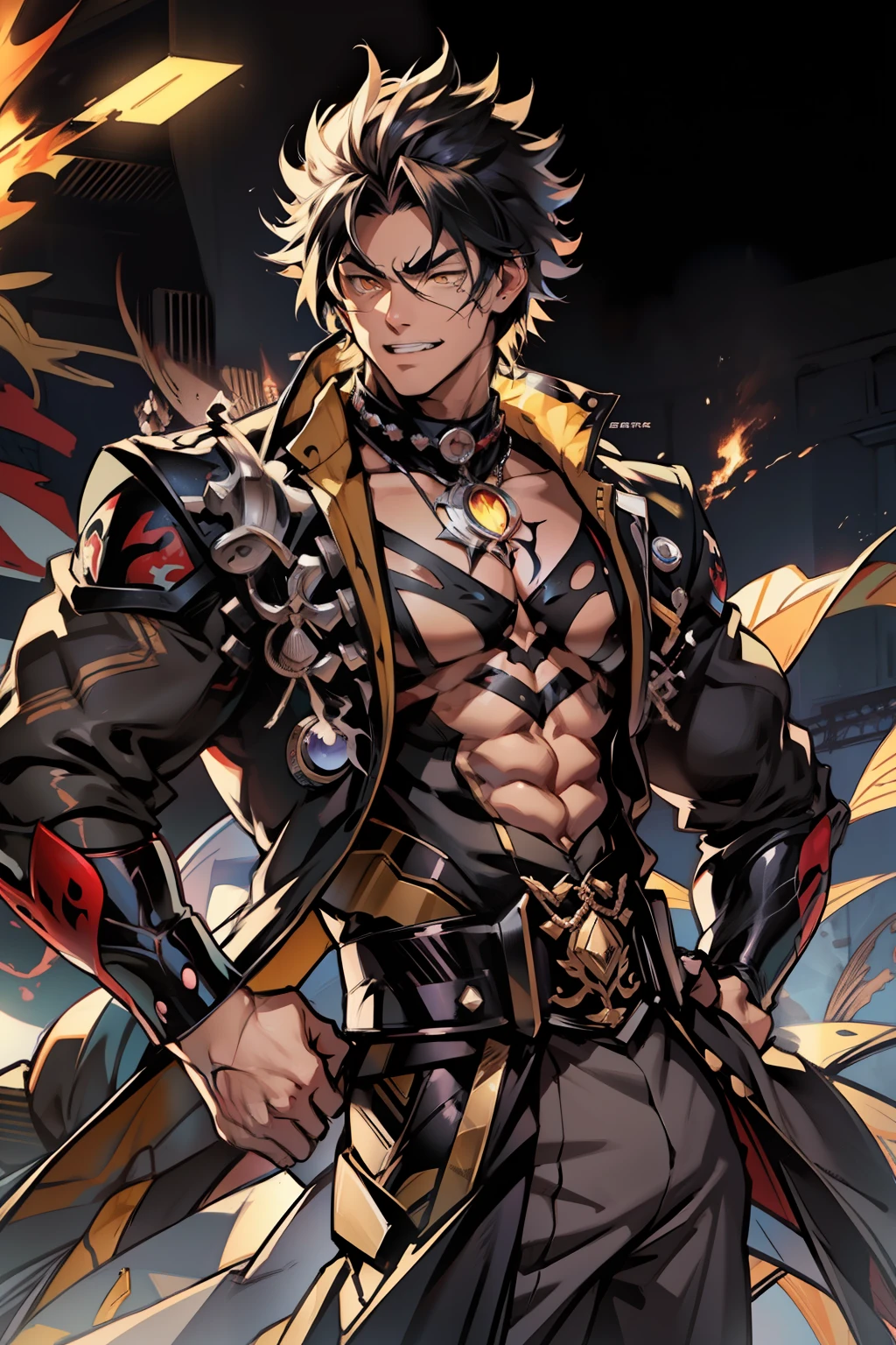 《the original god》Arataki Kazuto , male people,,((Masterpiece)), ((Best quality)), Ultra detailed,((illustration)), Dynamic Angle, Detailed light, (Delicate eyes), Floating, 1boy, Male focus, Head, Clothing, Yellow eyes, necklace, tattoo, (Forehead:0.8), (ahoge:0.8), jewelry, apathy,Ray, chest muscle, Sexy , Venom symbiote for your body, Black mucus of the body , (into venom), Venom,frontage,style of anime4 K, 4K anime wallpaper, Badass anime 8 K, 4 k comic wallpaper, young anime man, Anime boys, Anime wallpapers 4 k, Anime wallpaper 4K, High quality anime art style, Anime moe art style, Anime art wallpaper 8 K, Anime art wallpaper 4 K, RGB lighting