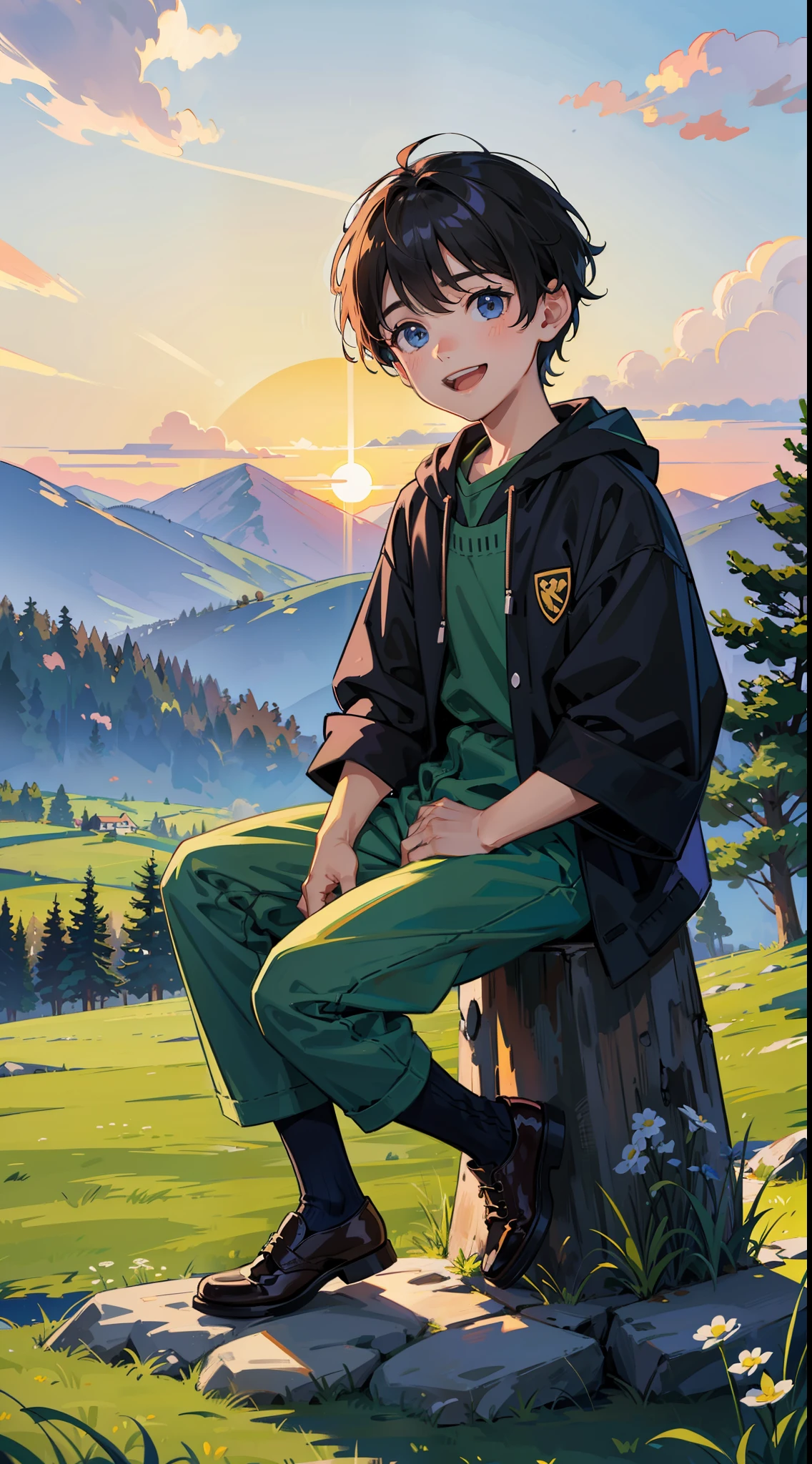 A happy little boy，Sit on the rocks of the meadow，The background is the village，There is a cute little dog next to it，Sunset and sunset，Face the camera，Full body photo，Ultra-high definition