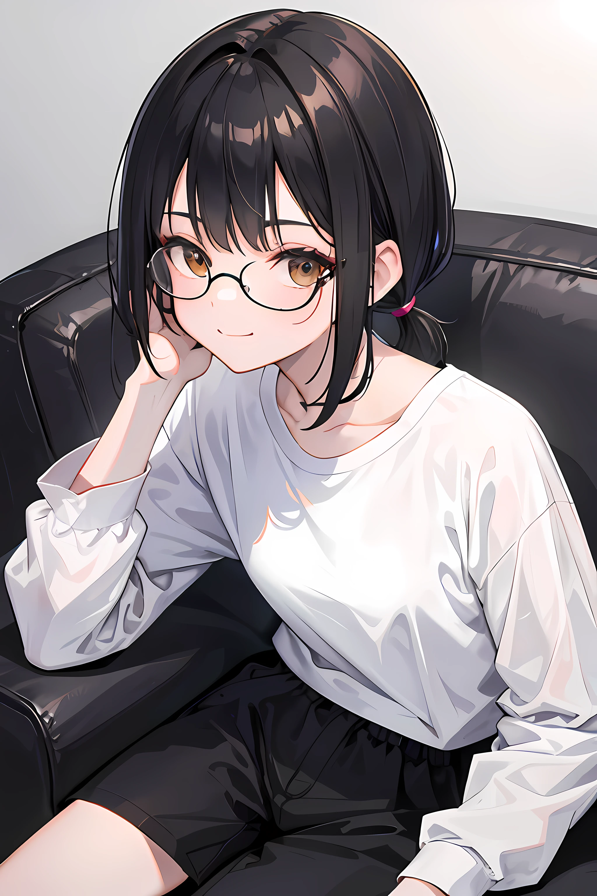 1girl, woman, mature, brown eyes, solo, hair in a ponytail, short hair, tied down, (white t-shirt), oversize shirt, long sleeve shirt, casual trouser, black long training pants, oversized trousers, black hairpin on hair, black hair, bangs, very small breast,
flat breast, half body, Sit down, wear eyeglasses, indoor backgrounds, smile, glazed eyes, moles on the neck and on the cheeks, sit on the couch, selfie, hand waving to the camera, smirks, small body,