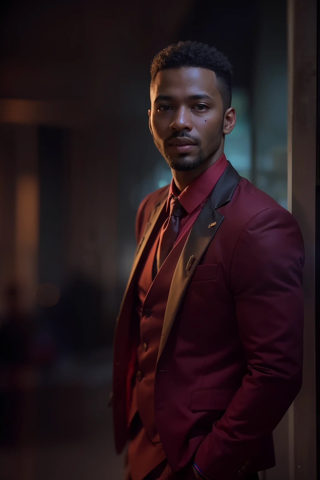 (
(Character: one Nigerian man, 30 years old, Diplomat, big smile, slim body)
(Clothing: red fine suit, vest, fine shoes)
(Pose: upper body shot:1.7, dynamic pose)
(blurry, intense urban lights in background)
(Style: ((masterpiece:1.5)), (face detailed), photo-realistic:1.3, hyperrealistic, foggy, high contrast, shiny skin, soft lighting, backlighting, bloom, light sparkles, chromatic aberration)