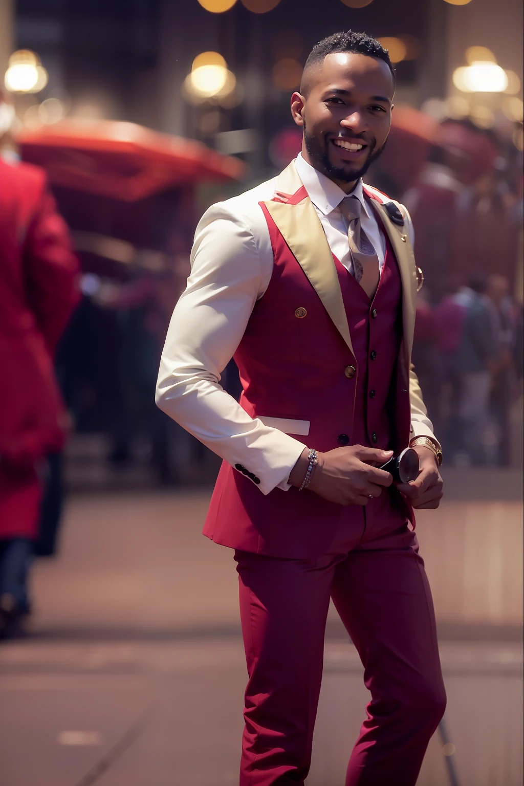 (
(Character: one Nigerian man, 30 years old, Diplomat, big smile, slim body)
(Clothing: red fine suit, vest, fine shoes)
(Pose: upper body shot:1.7, dynamic pose)
(blurry, intense urban lights in background)
(Style: ((masterpiece:1.5)), (face detailed), photo-realistic:1.3, hyperrealistic, foggy, high contrast, shiny skin, soft lighting, backlighting, bloom, light sparkles, chromatic aberration)