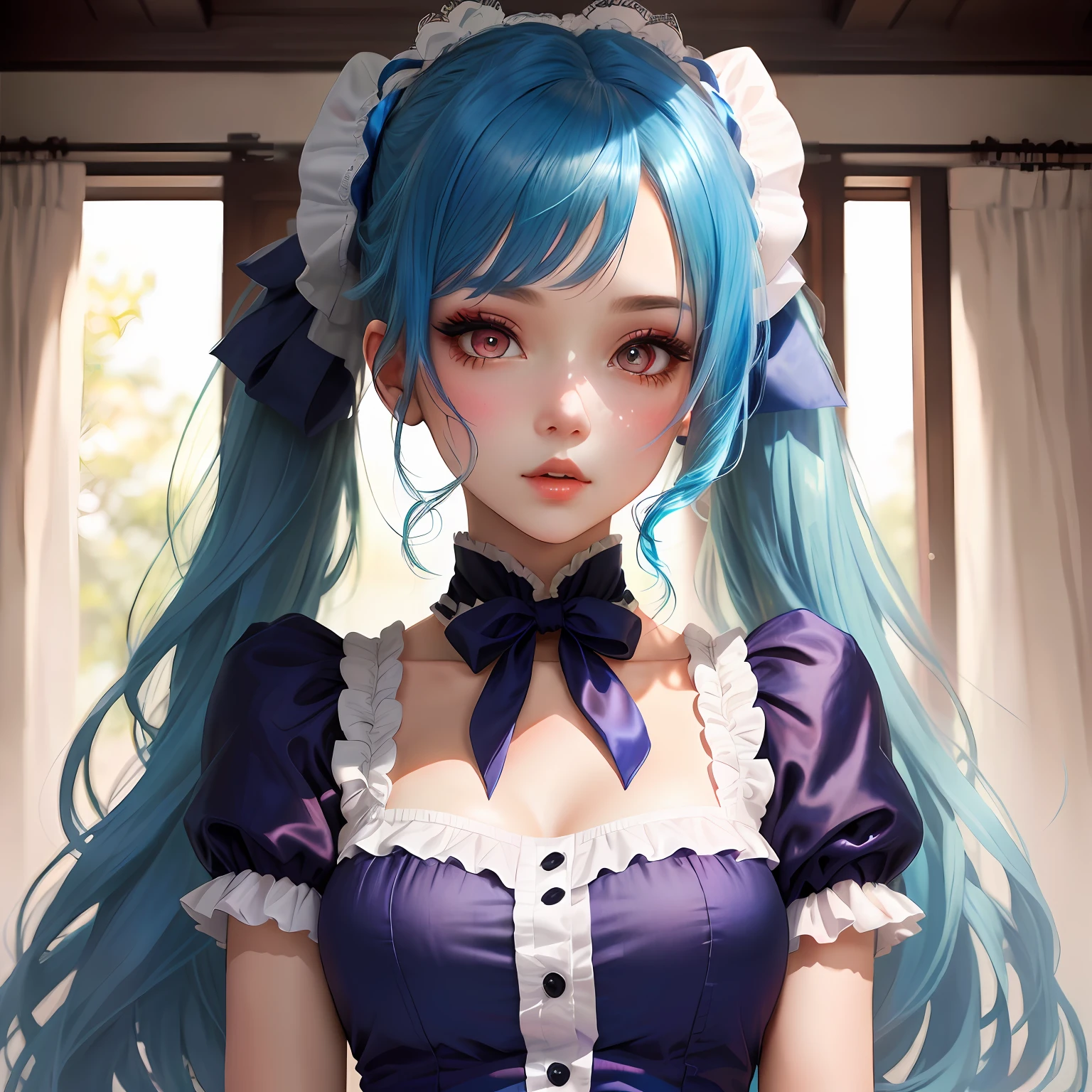 Girl, Blue hair, Double ponytail, Red pupils, Lolita, White silk girl avatar