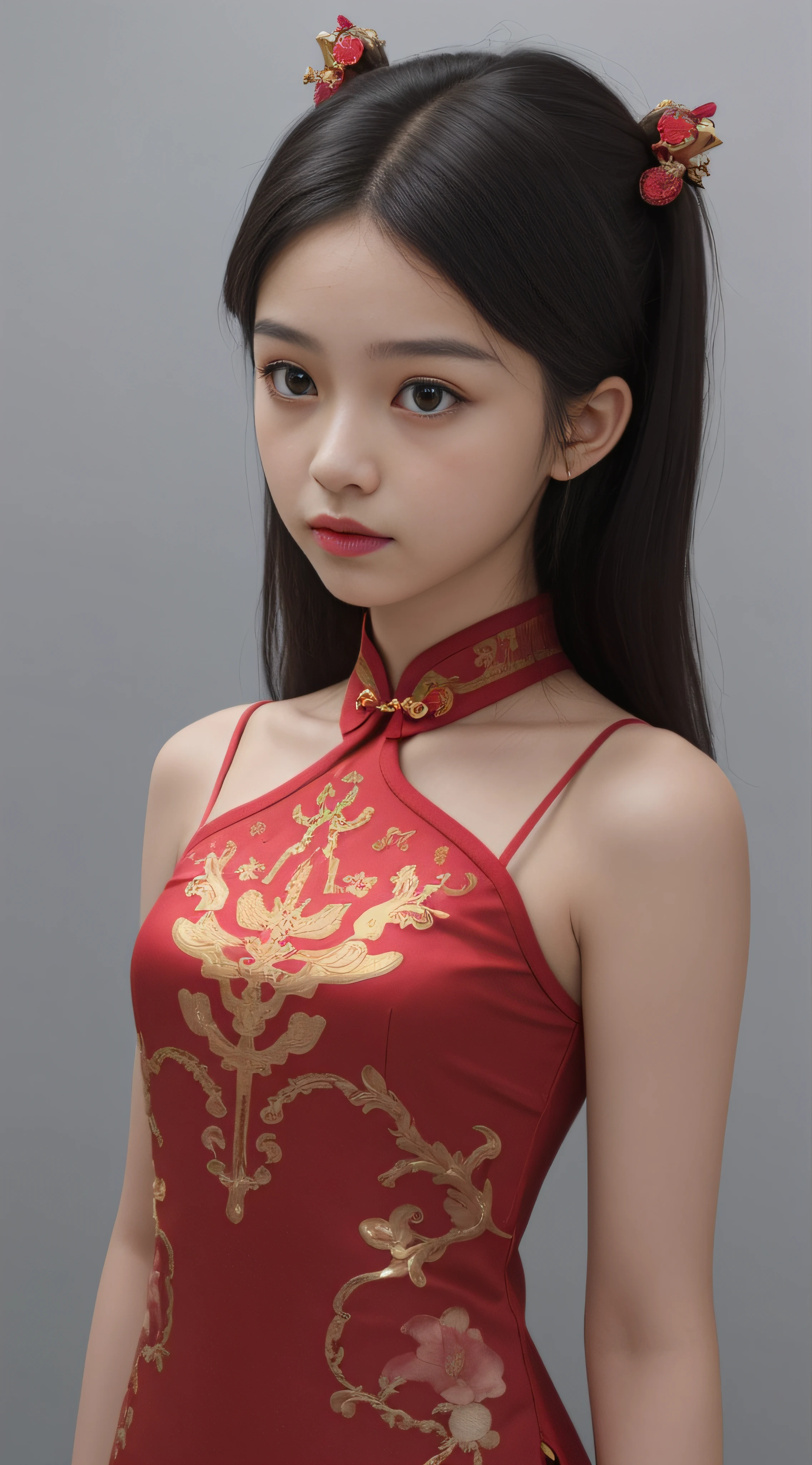 best qualtiy, hyper-high detail,Overlooking,Full body like,9year old girl,Refined face,Coiled hair,Hairpins,Hairpins,pretty face,Skin reflection,Red cheongsam,slimfigure,Shy,Smaller bust,cropped shoulders,Optimal body curves,High split end