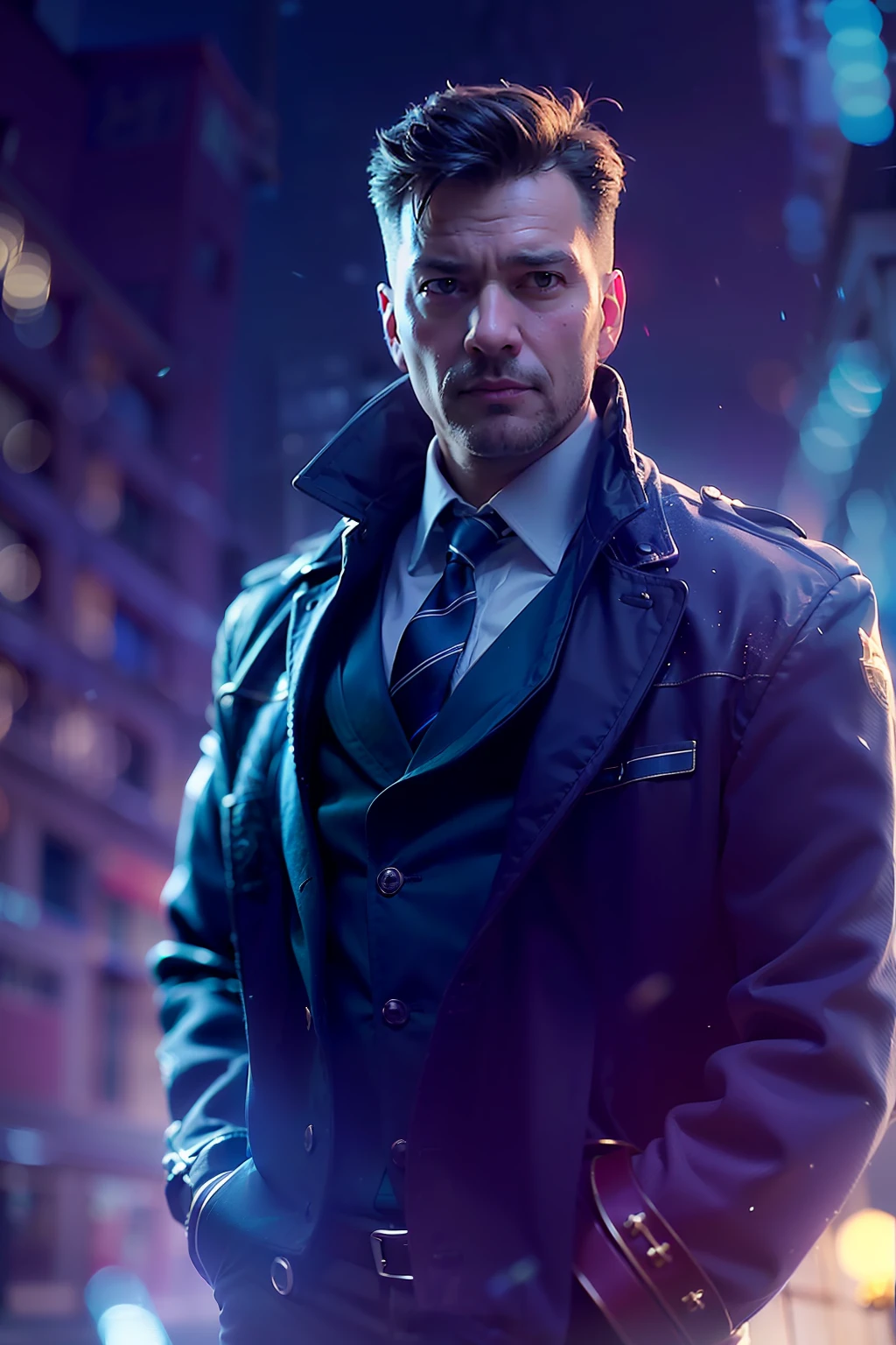 (
(Character: one English man, 40 years old, police, serious expression, short windswept hair, strong body)
(Clothing: blue police coat, tie, shoes)
(Pose: upper body shot:1.7, dynamic pose)
(blurry, intense urban lights in background)
(Style: ((masterpiece:1.5)), (face detailed), photo-realistic:1.3, hyperrealistic, foggy, high contrast, shiny skin, soft lighting, backlighting, bloom, light sparkles, chromatic aberration)