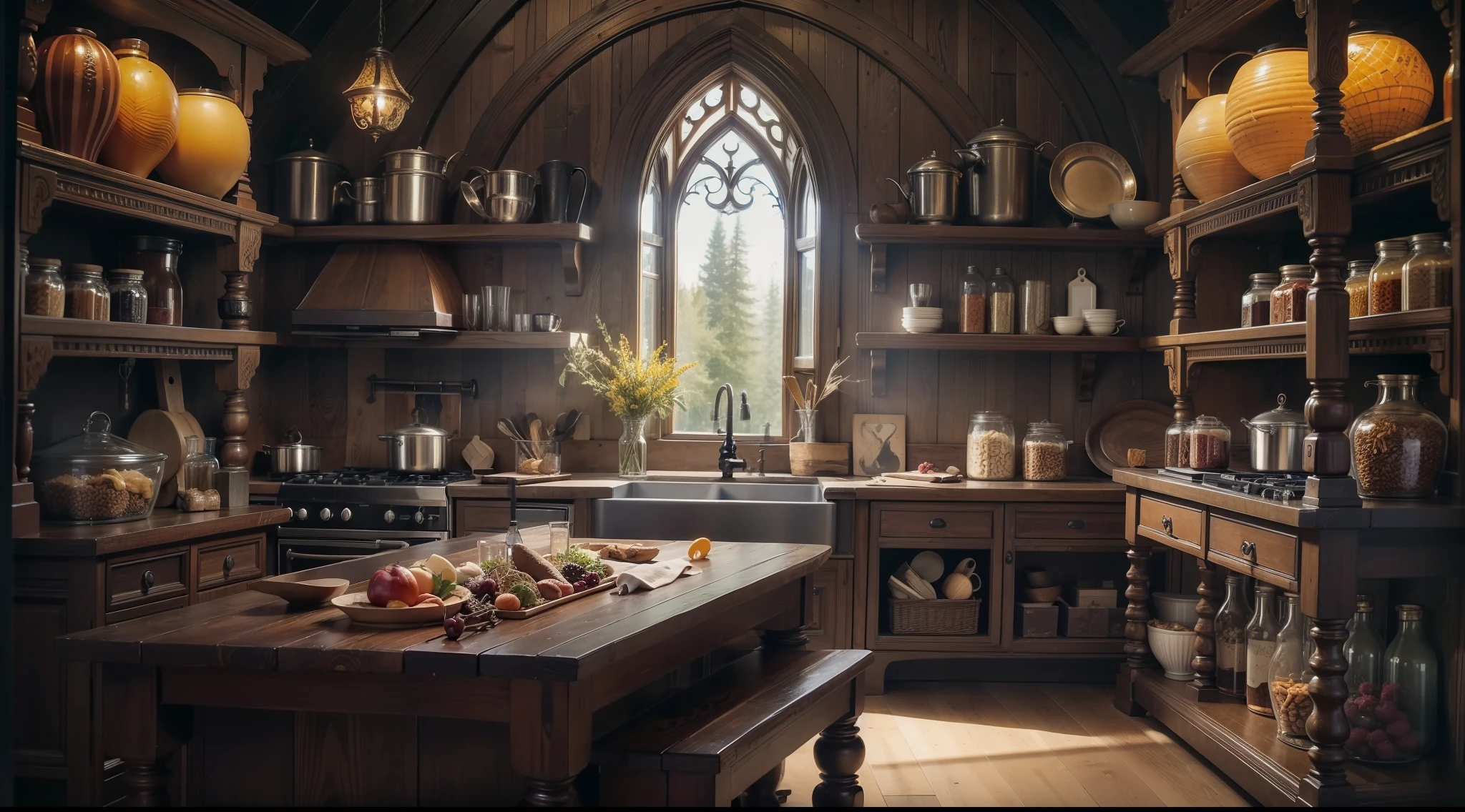 Western-style home kitchen deep in dark and mysterious forest、Close-up of shelves、spices、nutty、dried fruits, etc.、Magical、, interior architecture, Gothic art, Verism, One-person viewpoint, From the outside, canon, Super Detail, High quality, hight resolution, 8K, Best Quality