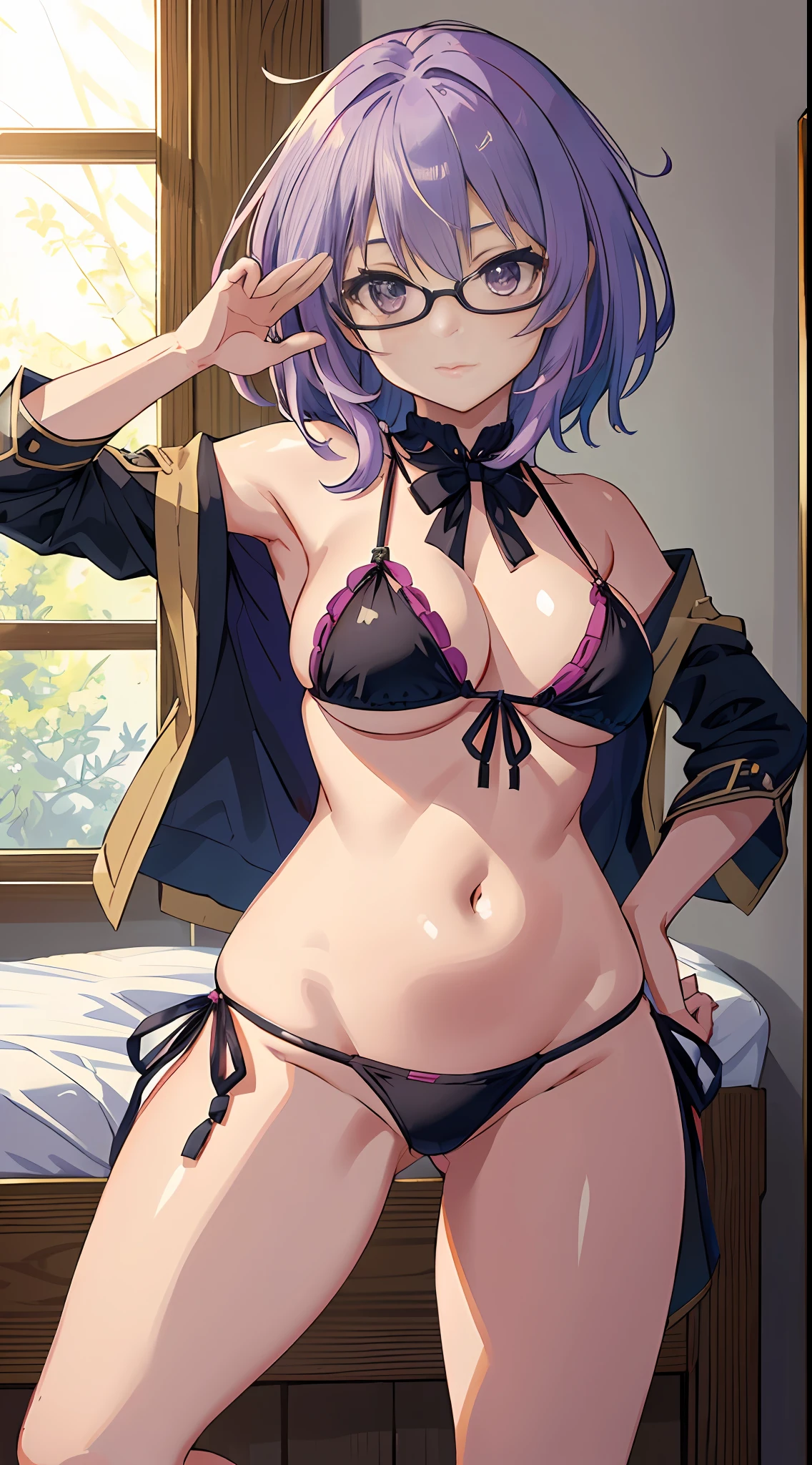 NSFW, (mushoku tensei, Dynamite Body, Momo-chan, large chest that hangs down, eye glasses), (Tight ultra detail bikini, high-heels),  (Very beautiful layer cut medium hair, Very beautiful pastel purple hair:1,2),  (​masterpiece:1.2 Top Quality:1.2, in 8K, 2D, wall-paper:1.2, The Ultimate Illustrator:1.2, High resolution, Cinematic Light:1.2), 1womanl, (Cowboy Shot, open stance), (kawaii faces), (More eyelashes), (Amazing eyes), ((The focus of her face seen from the front:1,3)), ((Close her face:1.2)), Very close to the face from below, kawaii, (ultradetailed eyes, Black eyes), (Beautiful detail double), Smooth nose, (Dynamic Pose, Curvaceous:1, Footboard beauty:1.2),