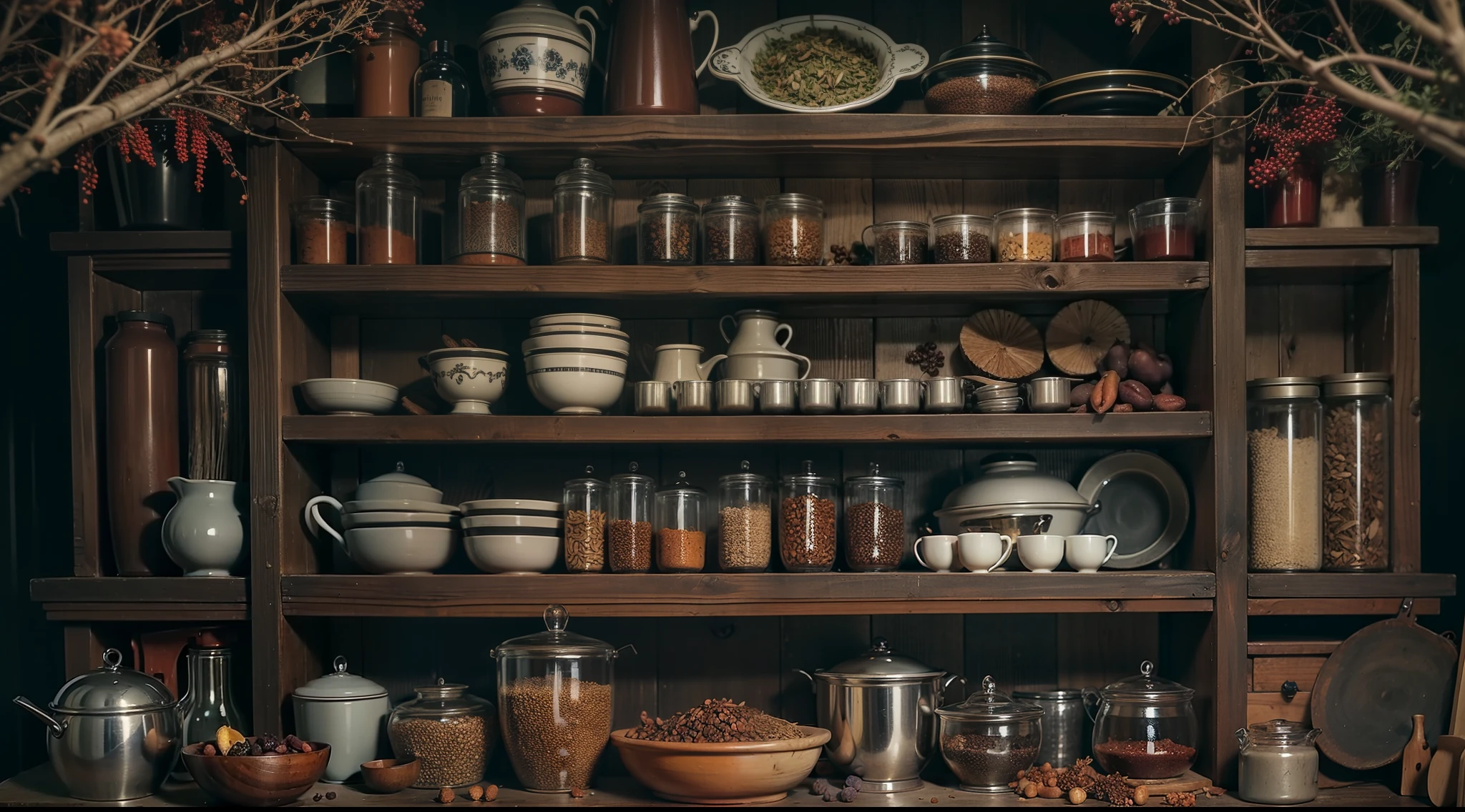 Western-style home kitchen deep in dark and mysterious forest、Close-up of shelves、spices、nutty、dried fruits, etc.、Magical、, interior architecture, Gothic art, Verism, One-person viewpoint, From the outside, canon, Super Detail, High quality, hight resolution, 8K, Best Quality
