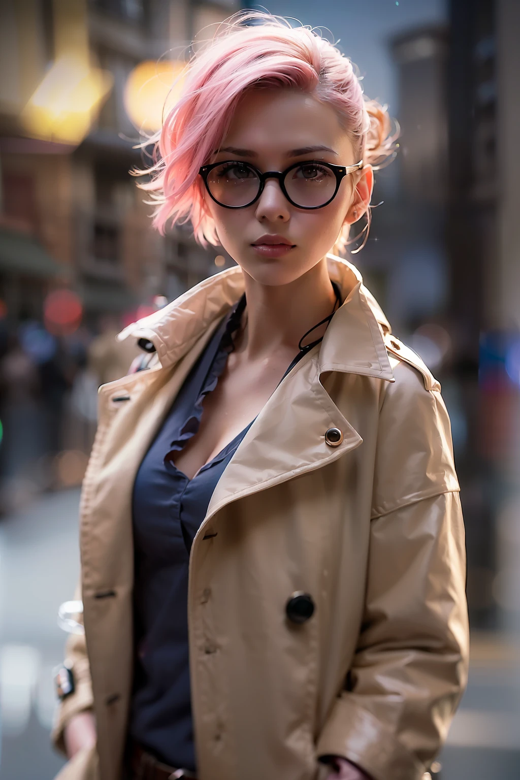 ( 
    (Character: one french woman, detective, slim body, slim, pink hair. shaved side haircut)
    (Clothing: pink trench coat, black shirt, glasses, boots)
    (Pose: upper body shot:1.7, dynamic pose)
    (blurry, intense urban lights in background) 
    (Style: ((masterpiece:1.5)), (face detailed), photo-realistic:1.3, hyperrealistic, foggy, high contrast, shiny skin, soft lighting, backlighting, bloom, light sparkles, chromatic aberration)