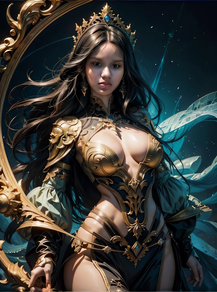 uma mulher em um traje dourado e azul segurando um espelho, karol bak uhd, mulher da fantasia, arte de fantasia detalhada, estilo de karol bak, Artgerm e Wlop, arte de fantasia digital ), Karol Bak e Peter Mohrbacher, Artgerm Julie Bell Beeple, Arte do WLOP, amazing fantasy art