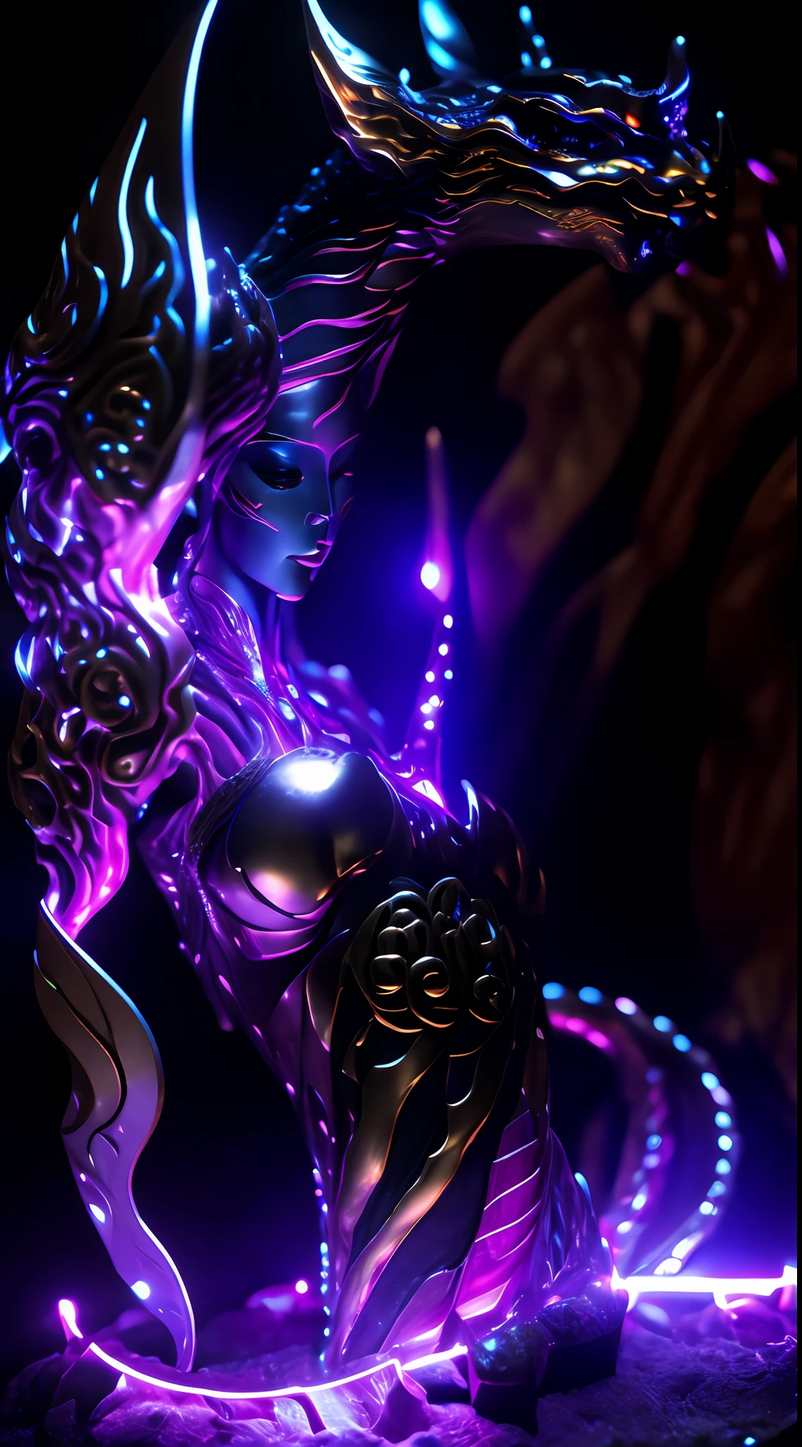 Sculpture of the Dragon Woman,There are sharp corners on the head,Metallic shine all over the body,The tail glows purple,3Drenderingof,Low beam refraction