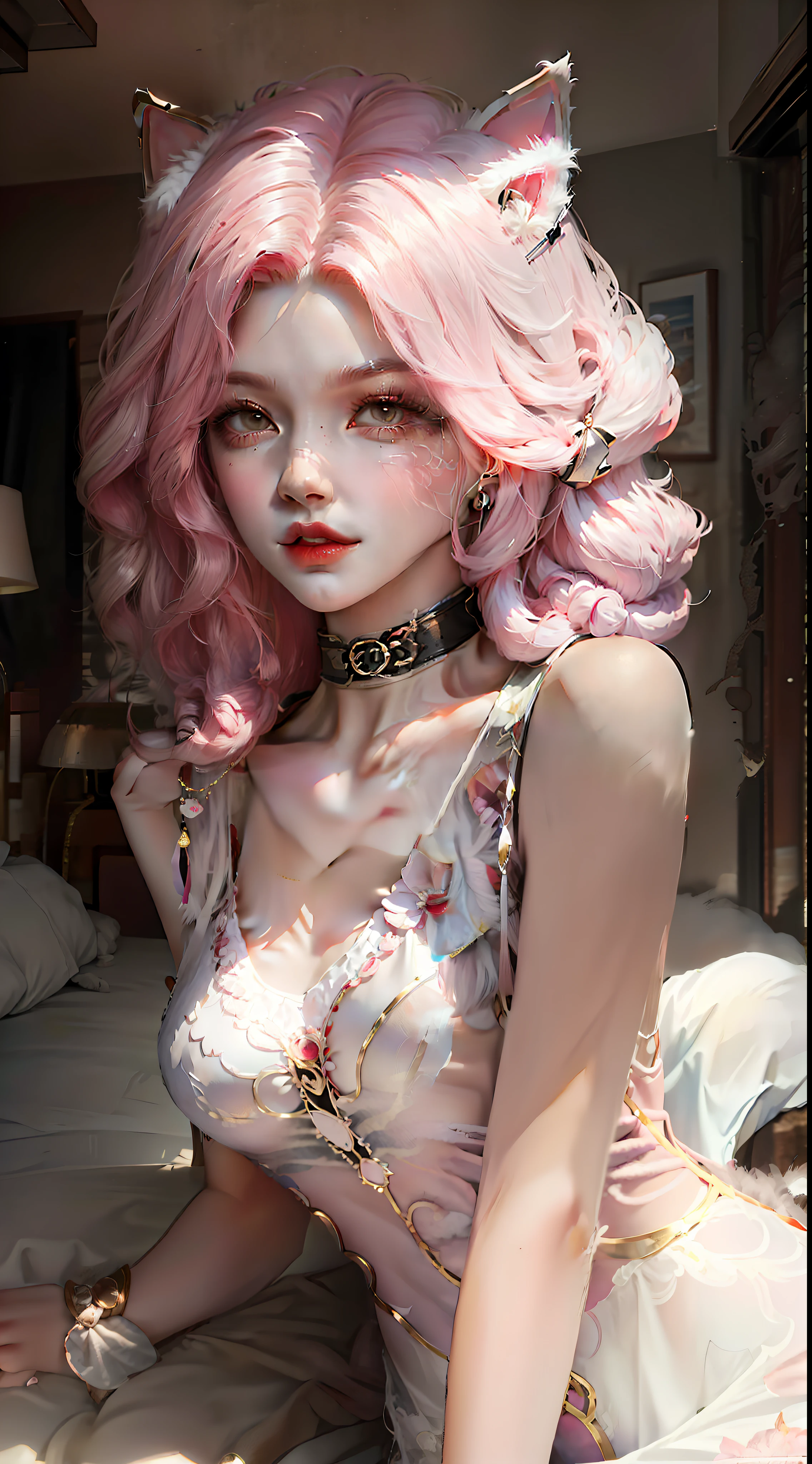 1girl,Long pink hair slightly curly,cat ear,Collar,adolable,white dresses,Raised sexy,Expose the collarbone,Simple environment