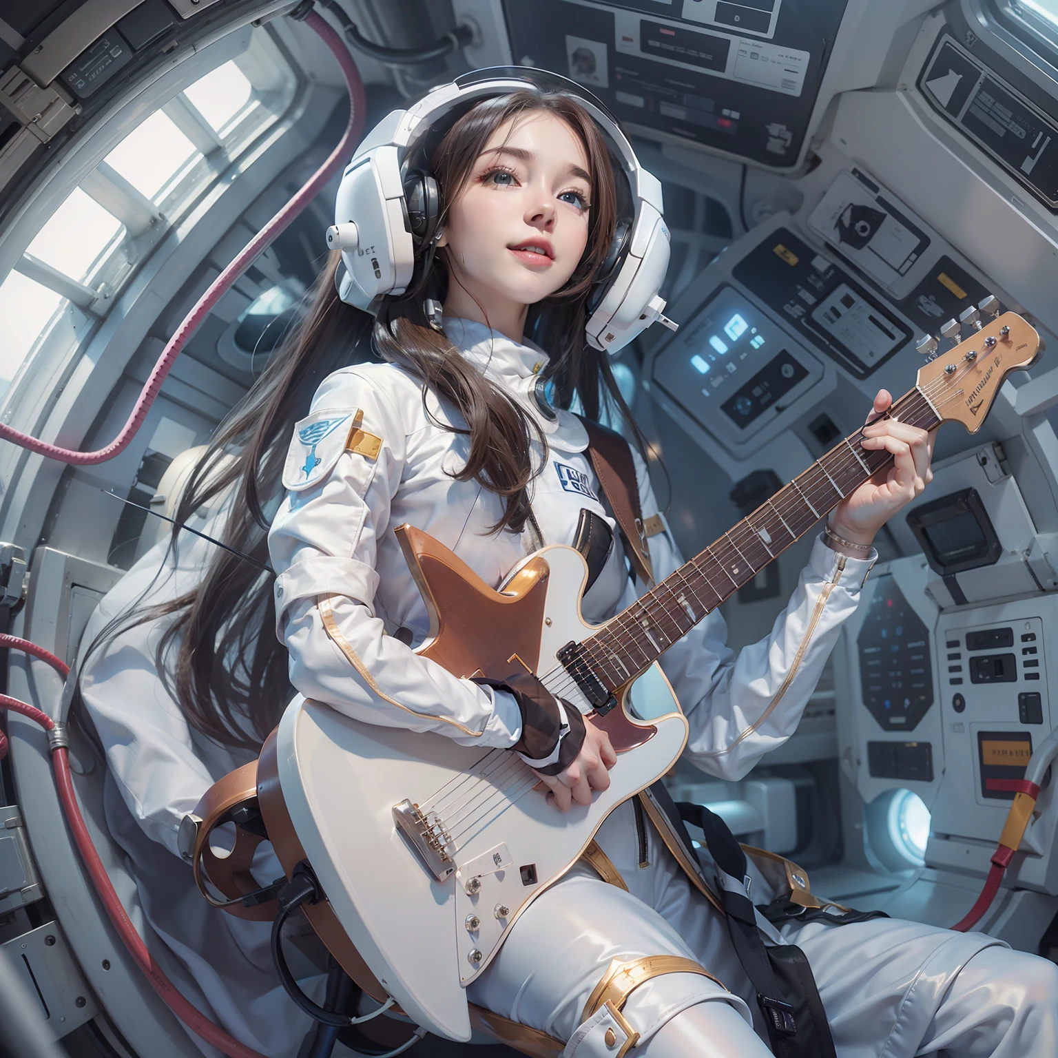 Enchanted woman happy to raise her hand　Perfect beauty　Beautiful white skin　Beautiful eyes　Lustrous lips　lovely smile　Wearing a thin spacesuit that sticks to the body　holding an electric guitar　Functional　head phone　Inside the spacecraft