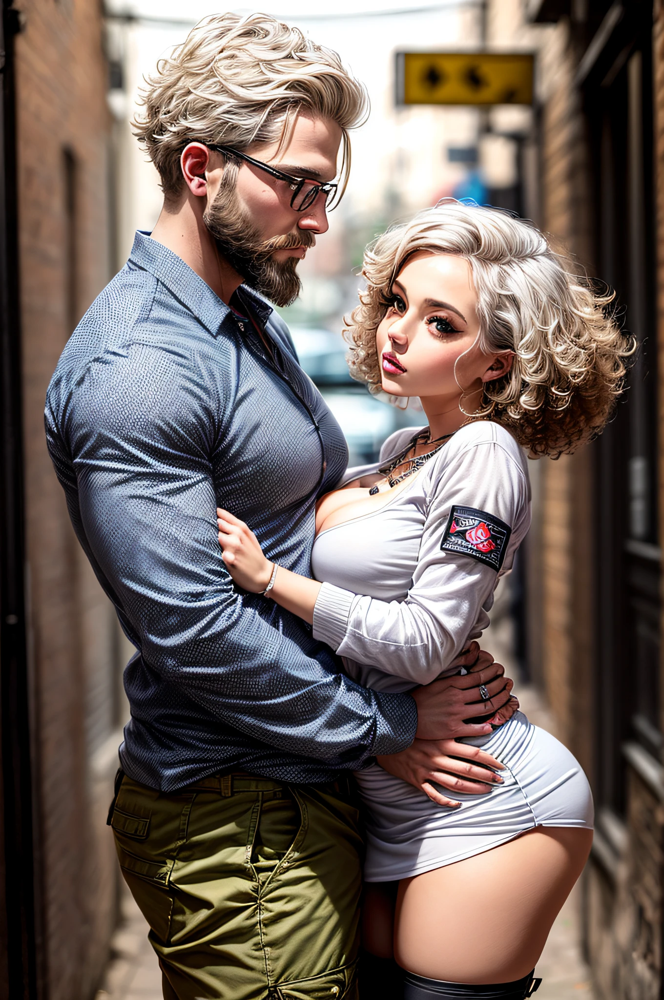 A couple, ((((man:1.5))), short white hair, muscular, beard, Streetwear, cargo pants, necklace),(hugging her around the waist and talking in her ear),she perky ass, white mini skirt perky ass up,40k,photography,masterpiece ,best quality,(1 girl blue eyes and soon curly blonde hair),big ass,full breasts,(sexy round mini skirt: 1.3),(open white shirt: 1.3),