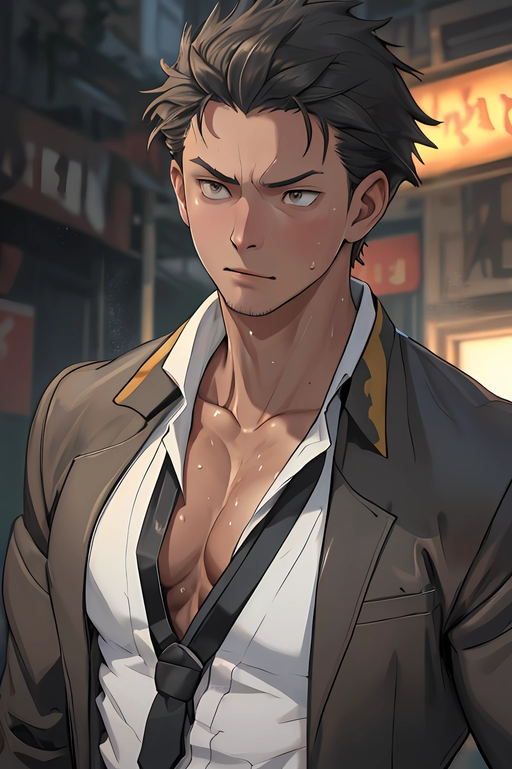 quadratic element,style of anime,male people,(full bodyesbian),(solo person),(Solo),masculine features,musculature,The proportions are correct,Face details,white shirt,(Wear a tie),(wearing leather belt),perspired,Sweat on the face,Neck details,There is an Adam's apple,Get wet,Drenched,clothes details,Game quality,Light and shadow tracking,Ray traching,detailed glow, CG rendering,hair detail,with short black hair,Golden eyes,detail in face,facial closeups,Sweat on the face,mtu,full bodyesbian,virile,Handsome,Beads of sweat slipped down my neck,Tall and mighty,Clothing is complicated,Drenched,Get wet,Perfectcomposition,Refinement,closeup cleavage,high qulity,higher details,Face details,Lots of details,The background is complex,a sense of atmosphere,