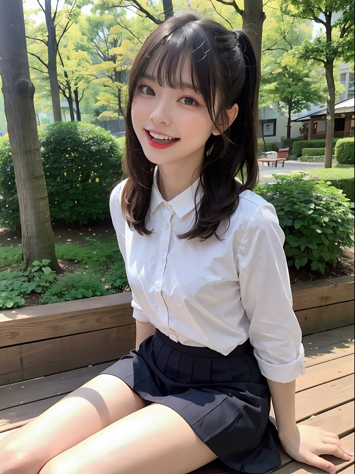 top-quality、in 8K、masterpies:1.3))、1girl in、Beautiful woman with slim abs accent:1.3、Super Detail Face、Delicat eyes、二重まぶた、full body Esbian、poneyTail、20yr old、Brown hair、A smile、summer clothing、skirt by the、ln the forest、Opens mouth and laughs