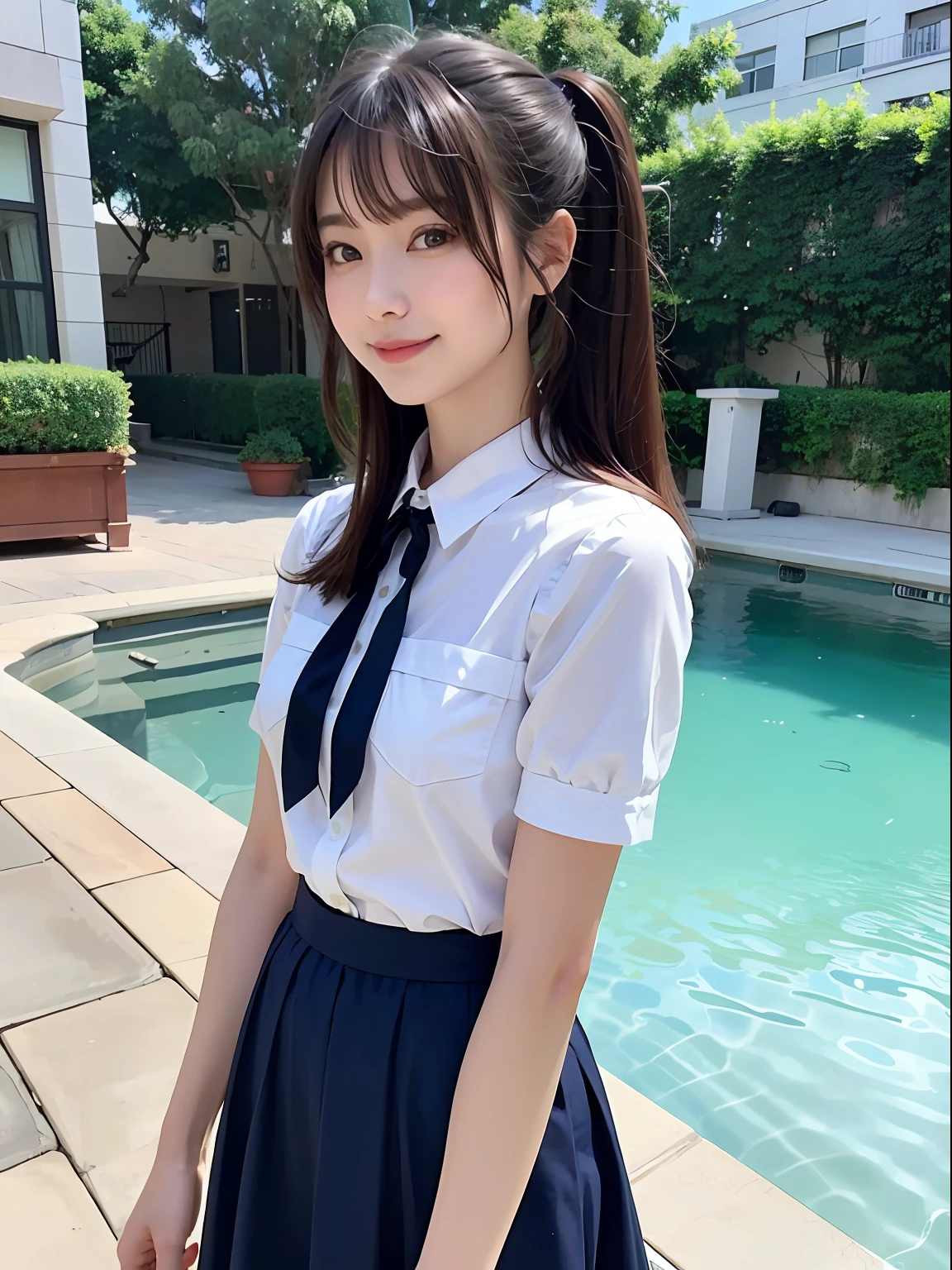 top-quality、in 8K、masterpies:1.3))、1girl in、Beautiful woman with slim abs accent:1.3、Super Detail Face、Delicat eyes、二重まぶた、full body Esbian、poneyTail、20yr old、Brown hair、A smile、summer clothing、skirt by the