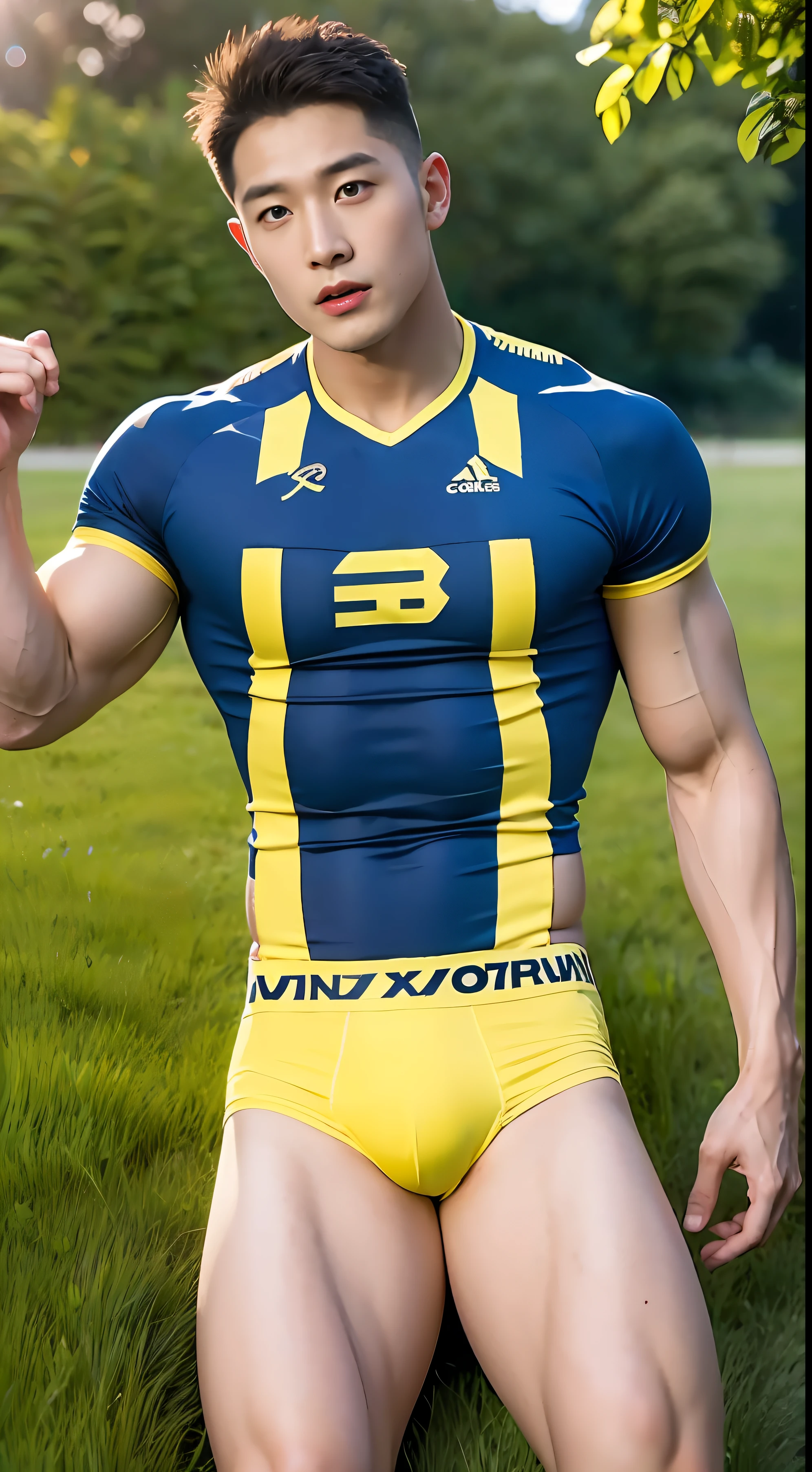 Two handsome Chinese muscular boys, 15-18 years old, bright light, white skin, delicate facial features, eye repair, perfect eyes, perfect face, face repair, virtual engine, HD repair, wearing golden underwear, on the grass outdoors, (((full body image))), bright light, studio lighting, 8k, high resolution, HD HD, surreal, ∨ 5