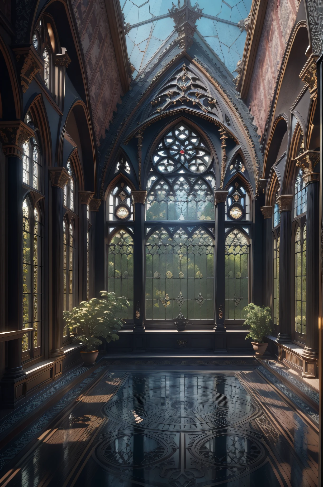 Front view of Arafed Room with a pool and a large window overlooking an orchard, Gothic interior, Gothic Revival, Gothic building style, Inspiring Gothic architecture, Gothic Mansion, Gothic mansion bedroom, Gothic aesthetic, Gothic style, exquisite architecture, Influence gothic, gothic architecture, neo-gothic concept, inside epic gothic mansion, sinister gothic aesthetic, black windows, many large windows, stunning gothic architecture. Symmetry. Natural light, cinematics, global lighting. Canon EO 6 50mm prime lens, ISO 200, f/1.8. Masterpiece, best quality, sharp focus, intricate, ultra-detailed, photorealistic. cel shading, octane rendering, uhd, dslr, 32k post processing