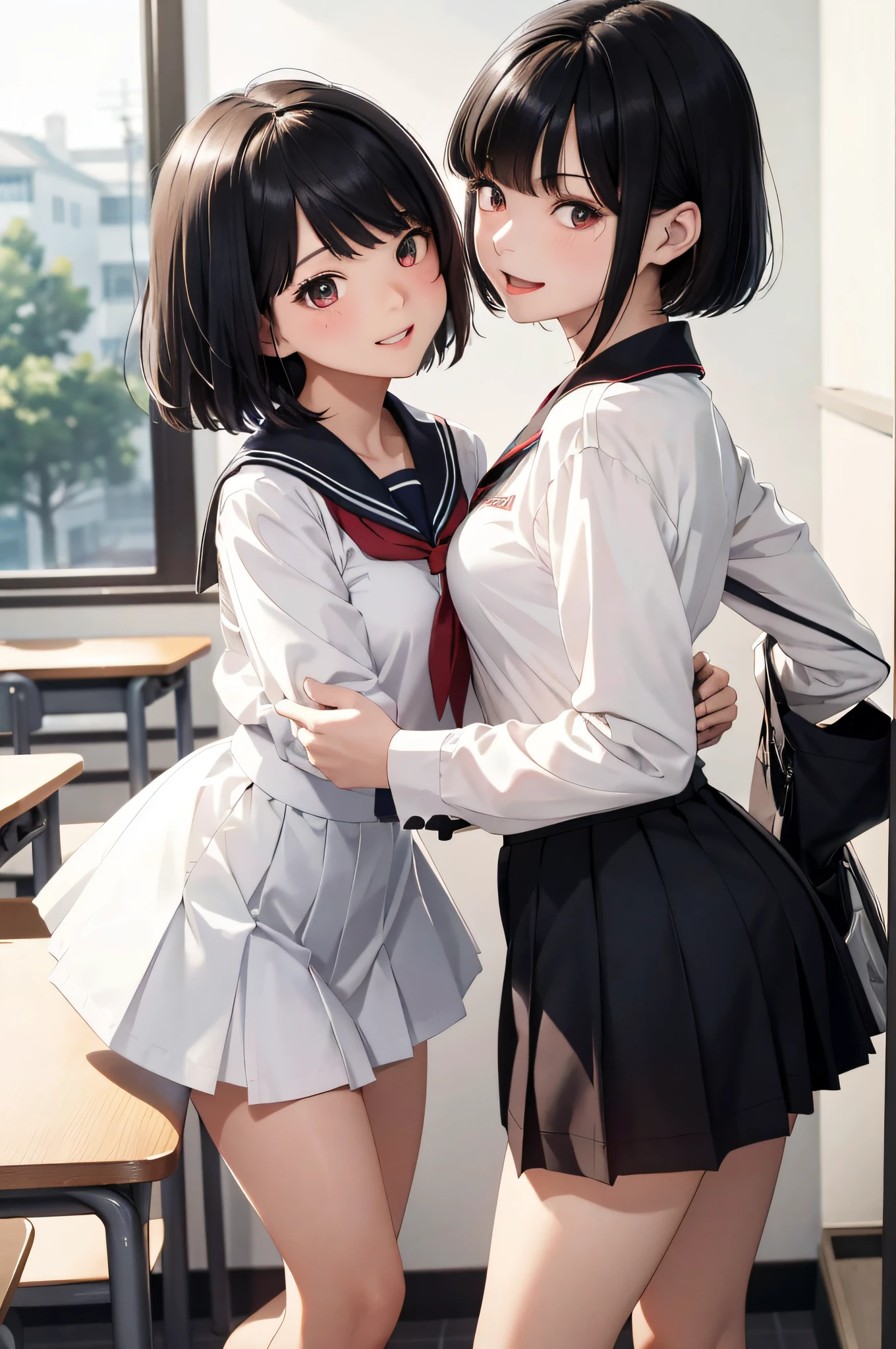 (top-quality、in 8K、32K、masterpiece、nffsw、超A high resolution、Impresionismo、Photorealsitic:1.2)、Full body, detailed faces and eyes、 Inside the classroom、Schools、Evening glow、beauitful face、blurry backround、16-year-old beautiful girl、shinny skin、short-hair、Beautiful black hair、Red Eyes、(Katyusha:1.2)、a sailor suit、Pleated miniskirt、Curve、dynamicposes、Smile with open mouth、Two girls、the kiss、