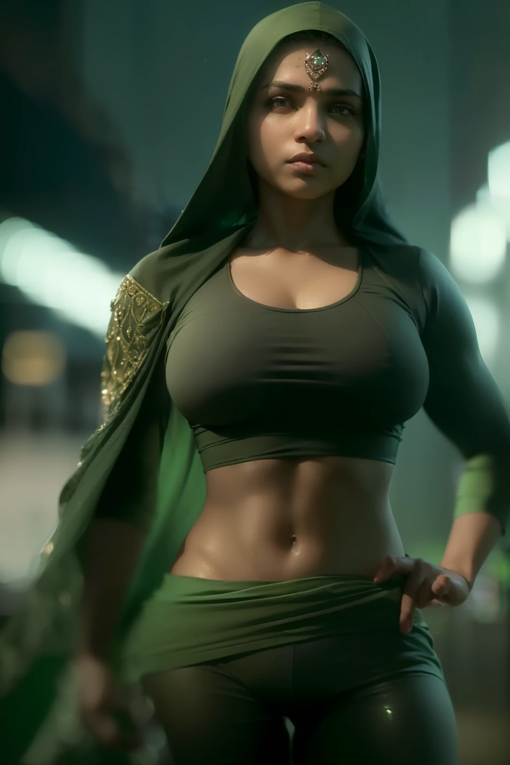 (
(Character: one Indian woman, Stocky)
(Clothing: black workout clothes, green hijab)
(Pose: upper body shot:1.7, dynamic pose)
(blurry, intense urban lights in background)
(Style: ((masterpiece:1.5)), (face detailed), photo-realistic:1.3, hyperrealistic, foggy, high contrast, shiny skin, soft lighting, backlighting, bloom, light sparkles, chromatic aberration)