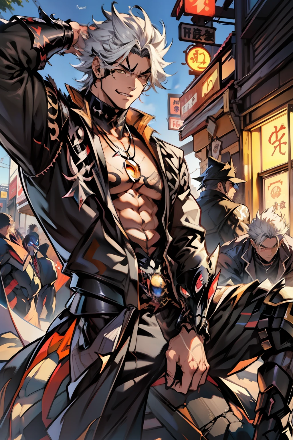 《the original god》Arataki Kazuto , male people,,((Masterpiece)), ((Best quality)), Ultra detailed,((illustration)), Dynamic Angle, Detailed light, (Delicate eyes), Floating, 1boy, Male focus, Head, Clothing, Yellow eyes, necklace, tattoo, (Forehead:0.8), (ahoge:0.8), jewelry, apathy,Ray, chest muscle, Sexy , Venom symbiote for your body, Black mucus of the body , (into venom), Venom,frontage,style of anime4 K, 4K anime wallpaper, Badass anime 8 K, 4 k comic wallpaper, young anime man, Anime boys, Anime wallpapers 4 k, Anime wallpaper 4K, High quality anime art style, Anime moe art style, Anime art wallpaper 8 K, Anime art wallpaper 4 K, RGB lighting