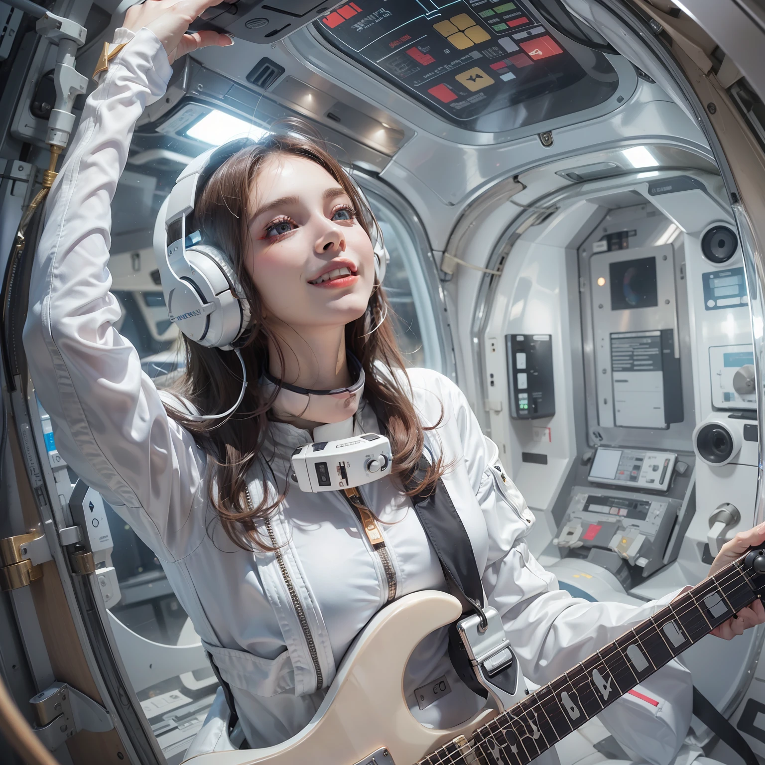 Enchanted woman happy to raise her hand Perfect beauty Beautiful white skin Beautiful eyes Lustrous lips lovely smile Wearing a thin spacesuit with a sheer body holding an electric guitar Functional head phone Inside the spacecraft