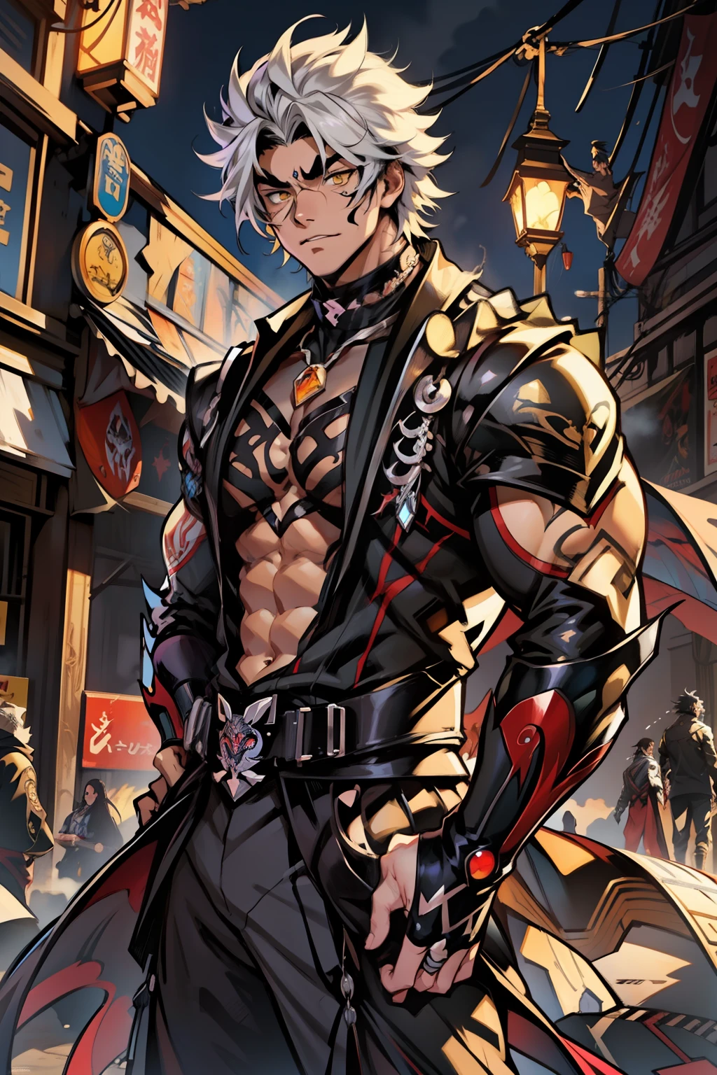 《the original god》Arataki Kazuto , male people,,((Masterpiece)), ((Best quality)), Ultra detailed,((illustration)), Dynamic Angle, Detailed light, (Delicate eyes), Floating, 1boy, Male focus, Head, Clothing, Yellow eyes, necklace, tattoo, (Forehead:0.8), (ahoge:0.8), jewelry, apathy,Ray, chest muscle, Sexy , Venom symbiote for your body, Black mucus of the body , (into venom), Venom,frontage,style of anime4 K, 4K anime wallpaper, Badass anime 8 K, 4 k comic wallpaper, young anime man, Anime boys, Anime wallpapers 4 k, Anime wallpaper 4K, High quality anime art style, Anime moe art style, Anime art wallpaper 8 K, Anime art wallpaper 4 K, RGB lighting