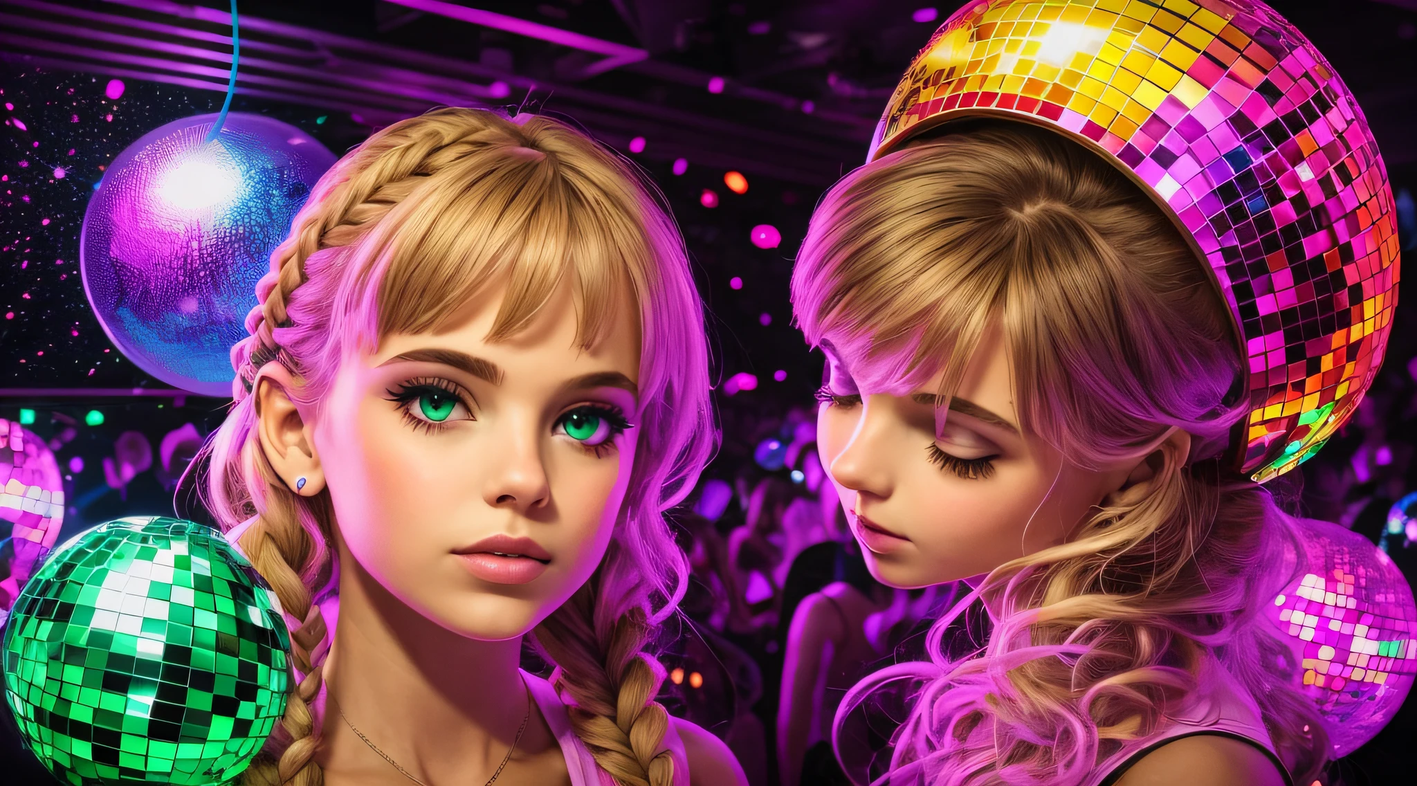 S KIDS BRAIDS blondies, um PORTRAIT de uma bola de discoteca com uma luz de Discoteca ao fundo, Disco, festa da discoteca, Celebrando, Denis Velleneuve, mais detalhes, clima de festa, Discoteca do Oculto, DJ, celebration, disco lighting, Disco de pictoplasma, 1 9 th, Disco Broadcast, Desclassificados, decadence, bola de discoteca, Collectible, Bolas de discoteca
