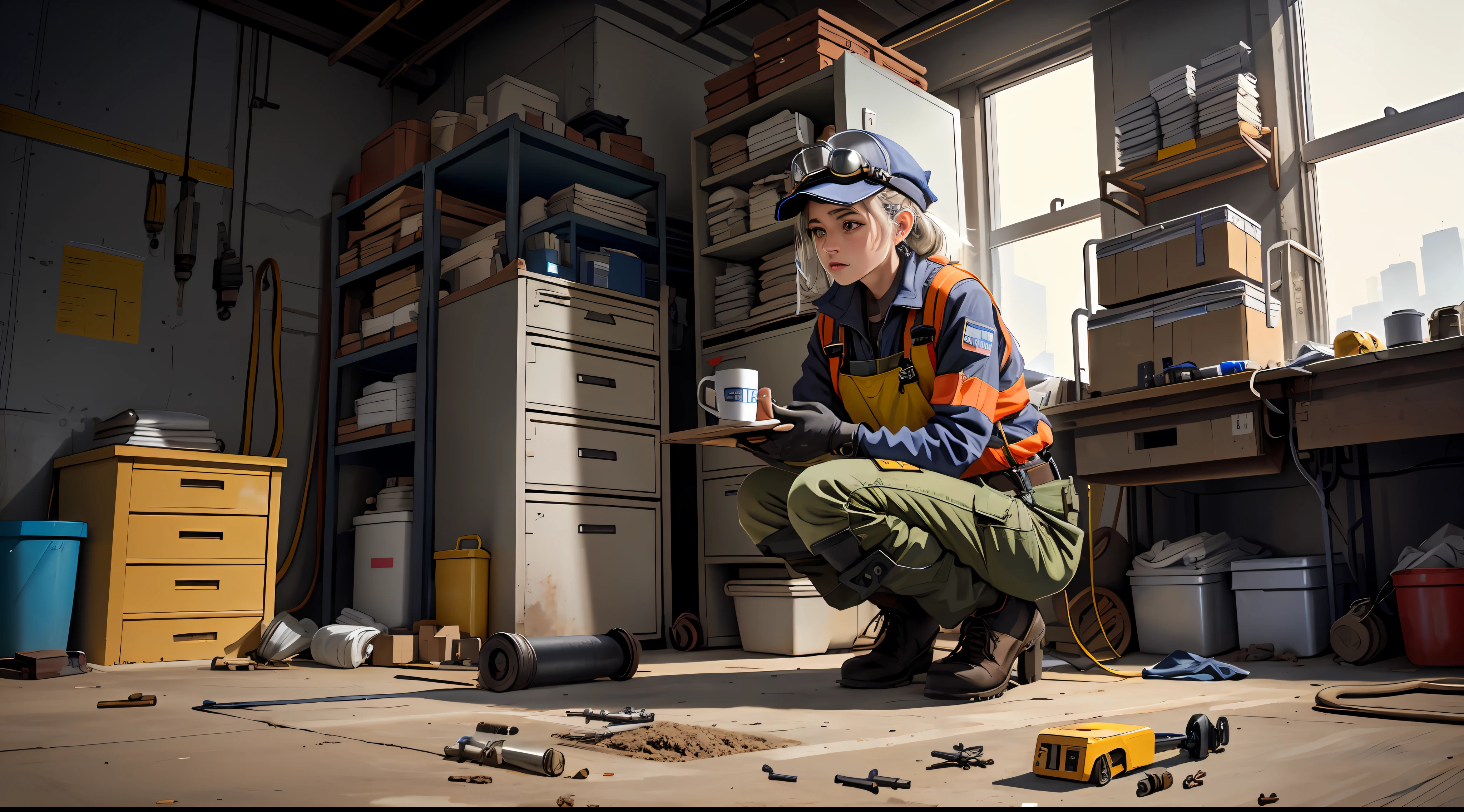 Masterpiece, Best quality, Ultra-detailed, illustration, 1girll, Solo, Shiny, Reflective, latex, Coveralls, voluptuous, Body, crouched, Detailed, Work shoes, Messy, workshop, industry, High heels, black, Red, Silver, Metallic, mitts, goggles, Protective, equipment, Machinery, Tools, spark of light, Dirt, dirt, oil, Dirt stains cov, Sweat, exhaust, pipelines, gauges, dials, macarons, levers, cable wires, electrical wires, hydraulic, System, Hydraulic presses, Crane, pulley, welding, torches, grinding machine, talim, saw, Hammer, Screwdriver, wrench, pincers, Tom, kit, fire extinguisher, first aid kit, airy, pipelines, light fixtures, emergency exit, caution signs, Warning tape, Posters, Calendar, coffee mug, Dirty, work table, Storage, shelves, cas, Lockers, hardhat, Safety vest, ear cover, face guard, respirator, Smoke, smog, detritos, Concrete floor, concrete wall, Metal beams, rivet, bolts, screws, nuts, washer, Chains, ropes, crochet, sandwiched, magnet, bearings, lube, fluids, solvents, Adhesive, lubrication, Maintenance, repair, overhauled, Upgrade, fitted, Assembly, fabricate, Customization, mockup, Research, Development, Prov, quality control, Inspection, Certification, compliance, conditioning, Standard, efficiency, productivity, innovative, excellence, Satisfaction, Teamwork, Dedication, Professionalism, empowering, diversity, equal, respect, Safety culture, Industrial fashion, Sci-fi, Cyberpunk, dystopian