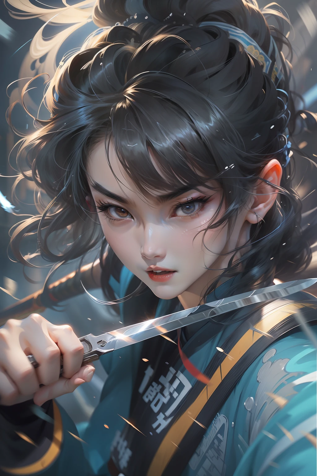 an extreme closeup shot,irate，Martial arts action,battle mode，Extreme flow，Motion blur，Curved steel knife，Blue streamer，Point to the camera，turbulence,thunderclap,shockwave，Flowing hair, grim eyes，rainwater,Cinema lenses，GoPro，f/2.8，low angles，Side bust，Created by Zhang Daqian，Chinese big splash ink style