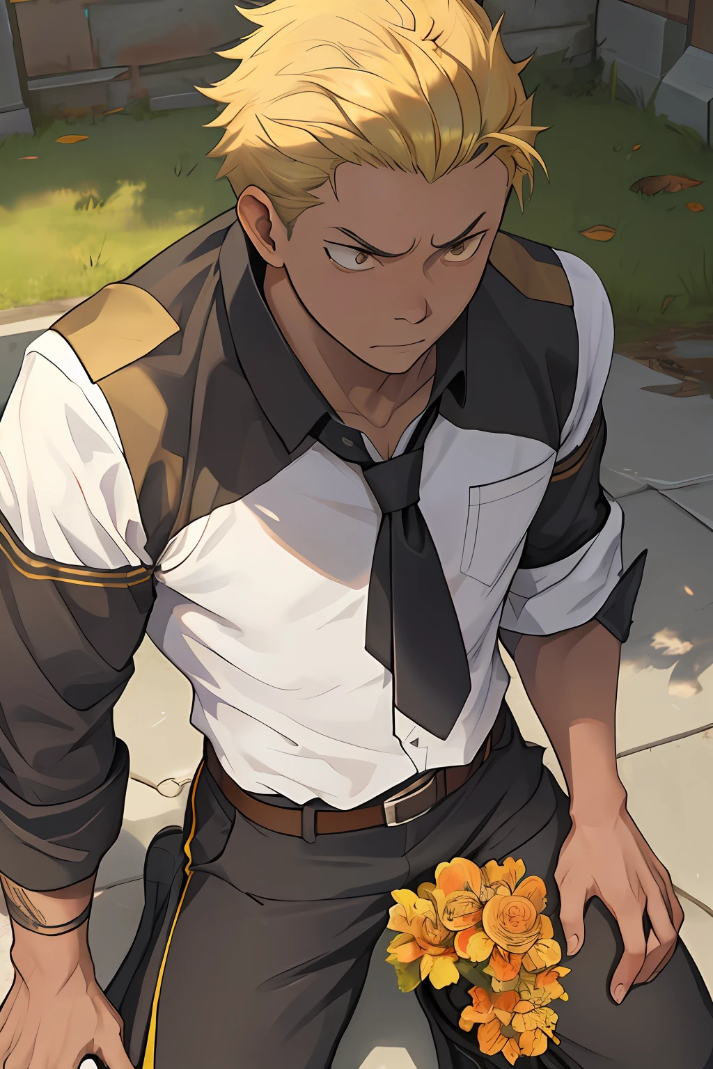 (1 Adult male),A high resolution, Sharp focus, Pixiv masterpiece, ((Complicated details)), highly detailed, natsuki_subaru, 1 man,black-skinned,Defeat, crestfallen,full bodyesbian,kneels on the ground, (Kneel to the enemy),(A gesture of pleading),(Ask the enemy for mercy),Golden eyes(eyes glowing), Short yellow hair,white shirt,Wear a tie,Wear a belt,perspire,look from down