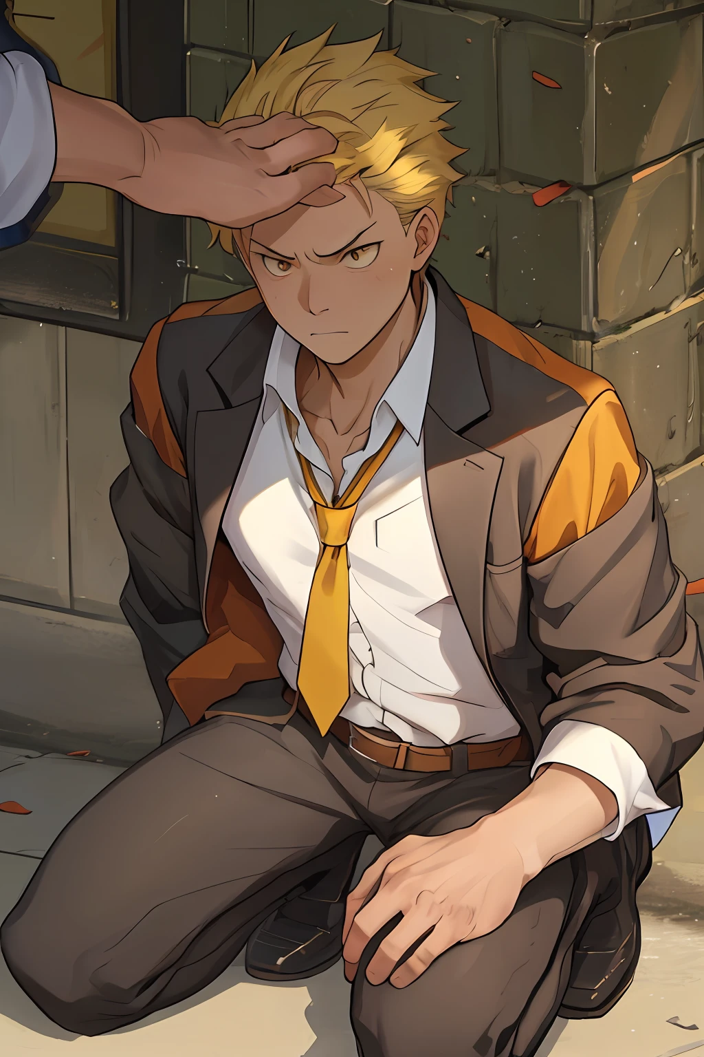 (1 Adult male),A high resolution, Sharp focus, Pixiv masterpiece, ((Complicated details)), highly detailed, natsuki_subaru, 1 man,black-skinned,Defeat, crestfallen,full bodyesbian,kneels on the ground, (Kneel to the enemy),(A gesture of pleading),(Ask the enemy for mercy),Golden eyes(eyes glowing), Short yellow hair,white shirt,Wear a tie,Wear a belt,perspire,look from down