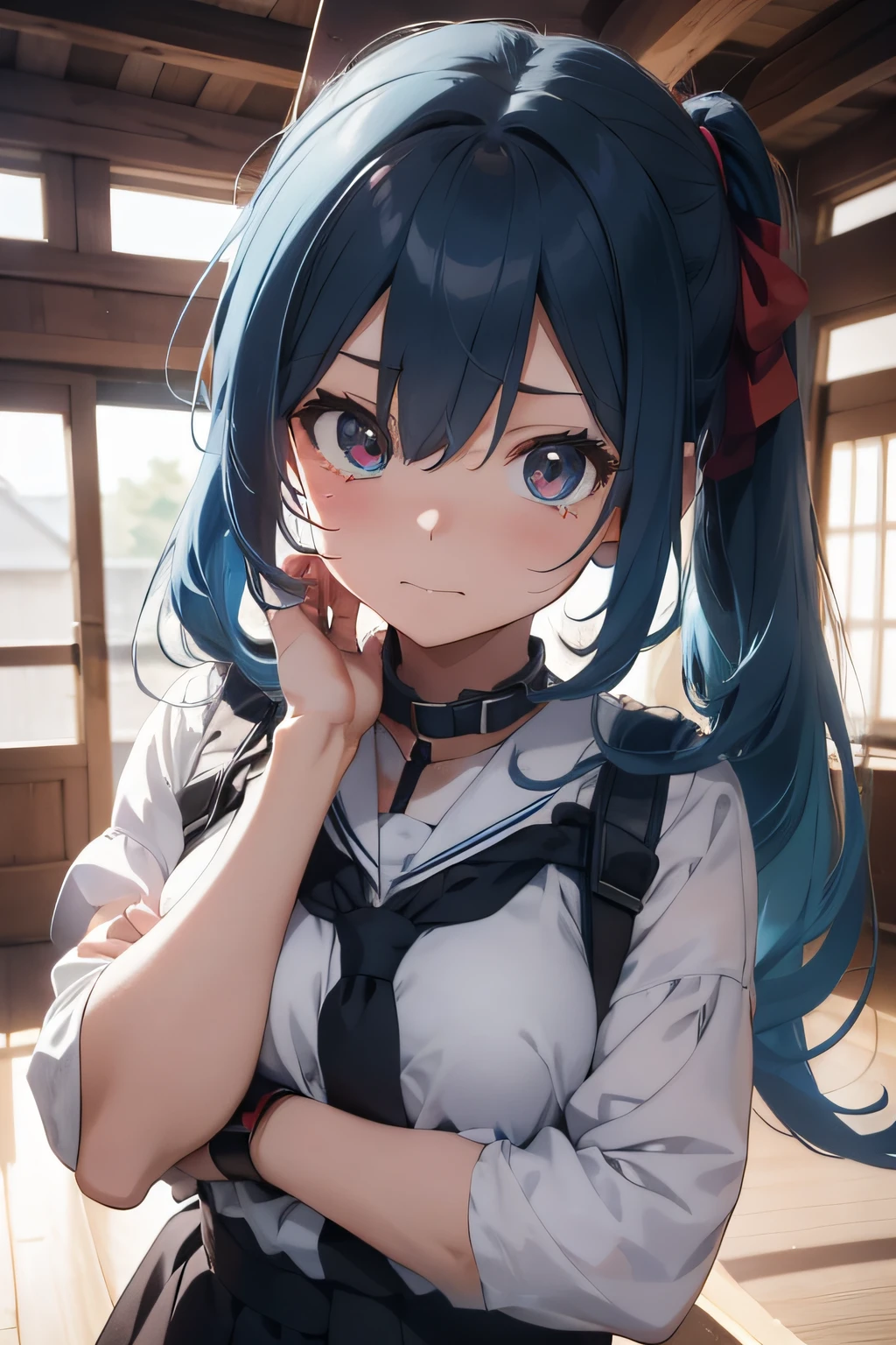 Rope restraint prison Detained Inside the Prison Handcuffed Blindfolded Action Style,anime moe art style,, High quality anime art style, Anime style. 8K, photorealistic anime girl render, made with anime painter studio, artwork in the style of guweiz, realistic anime 3 d style, anime styled 3d Soio Children with light blue hair color Twin-tailed wearing sweater VR Perspective Japanese-style room with background Adults Wall Don Has a sad face covering with hands、crying how bright sad Facial expression Swollen eyes lamentation I'm crying lamentation Fall and cry Fall I'm pounding Half-crying Suffering Twin-tailed gargantilha Collared Neck Wheel Turning a blind eye
