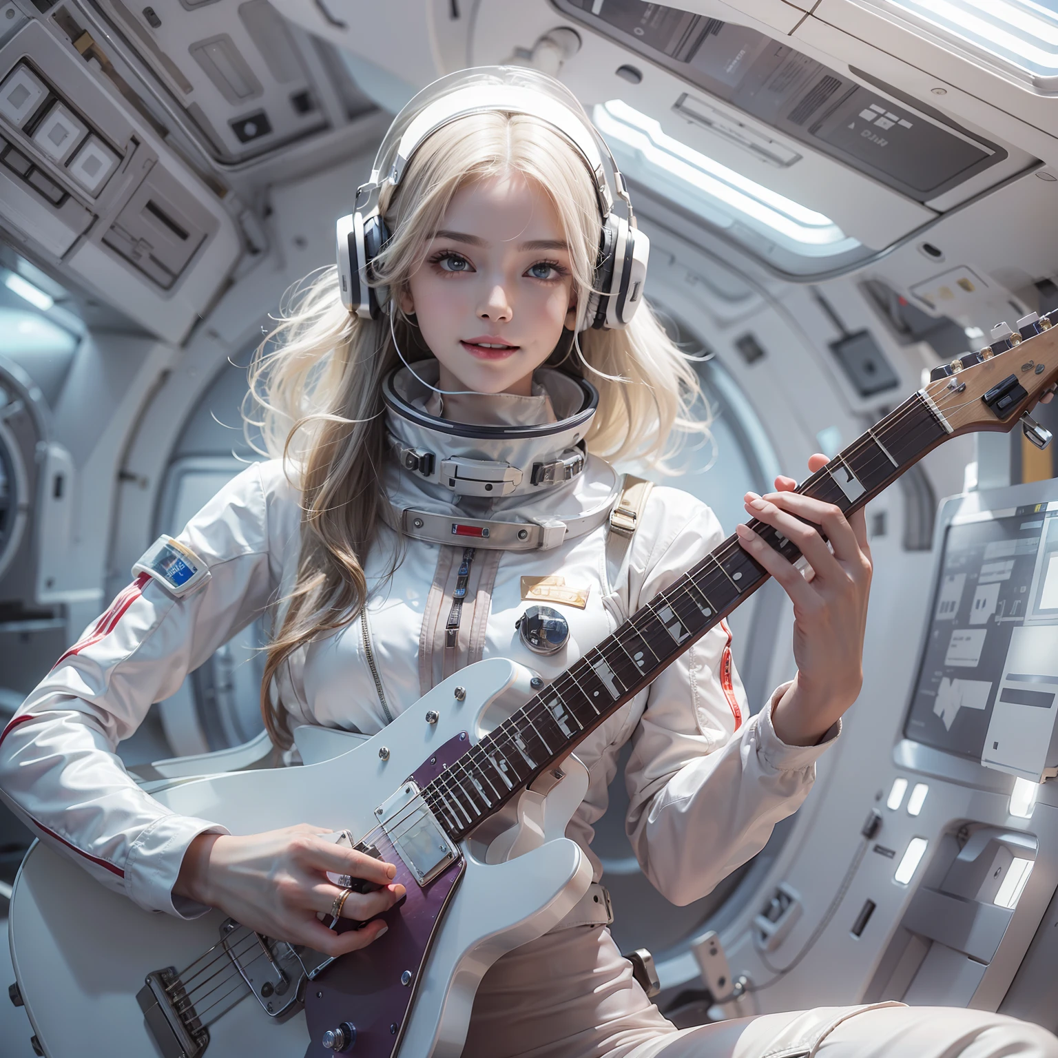 Enchanted woman happy to raise her hand　Perfect beauty　Beautiful white skin　Beautiful eyes　Lustrous lips　lovely smile　Wearing a thin spacesuit with a sheer body　holding an electric guitar　Functional　head phone　Inside the spacecraft