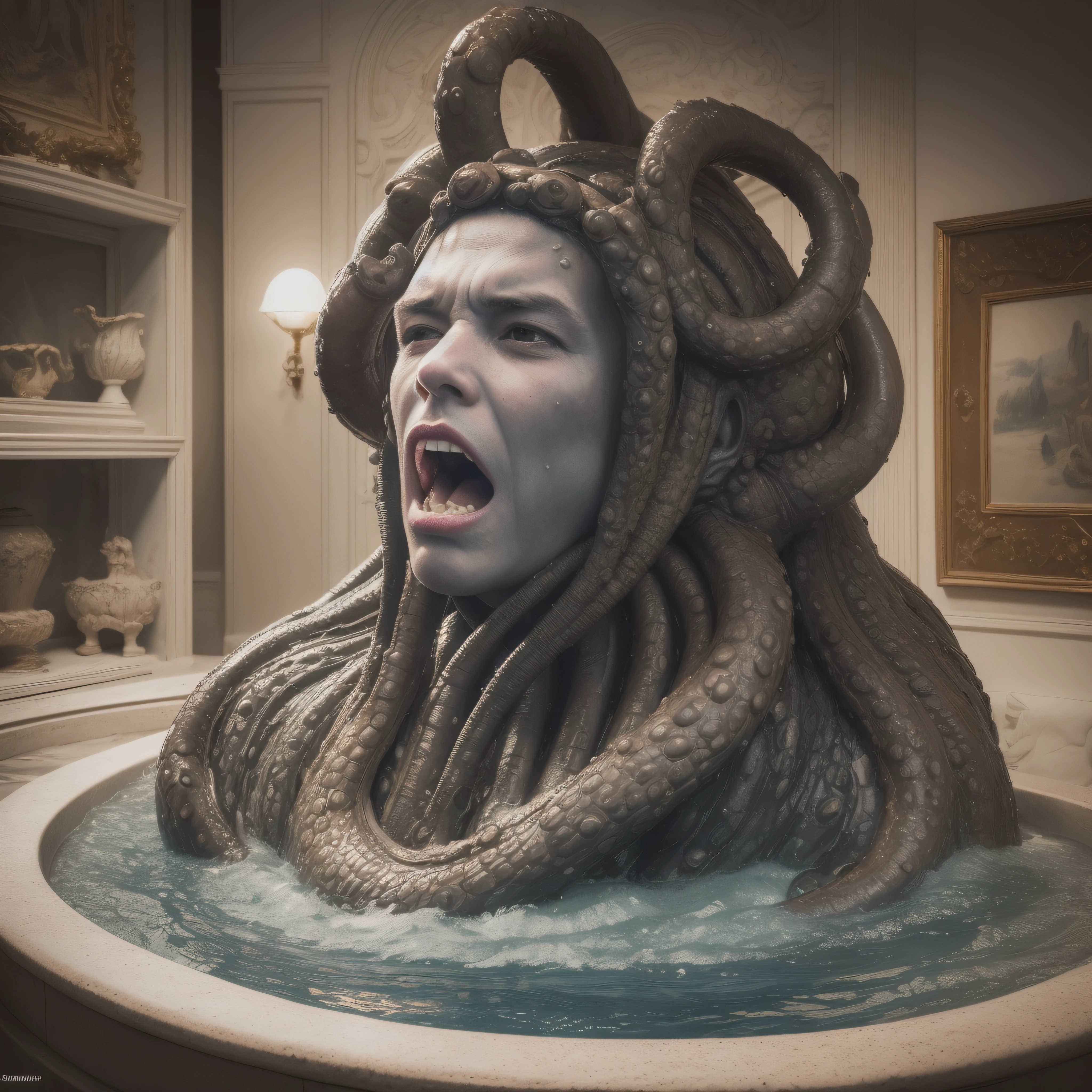 (extremadamente detallado, obra maestra, La mejor calidad), Estilo oscuro, intense illumination, una persona siendo atacada por una medusa gigante, rostro con arrugas, lengua larga, tentacle, deforme, monstruoso, interior de una piscina de agua verdosa, imagen submarina, alien con Colmillos finos, pico de pulpo amenazante. manchas de tinta. Rococo composition. Luz de caravaggio