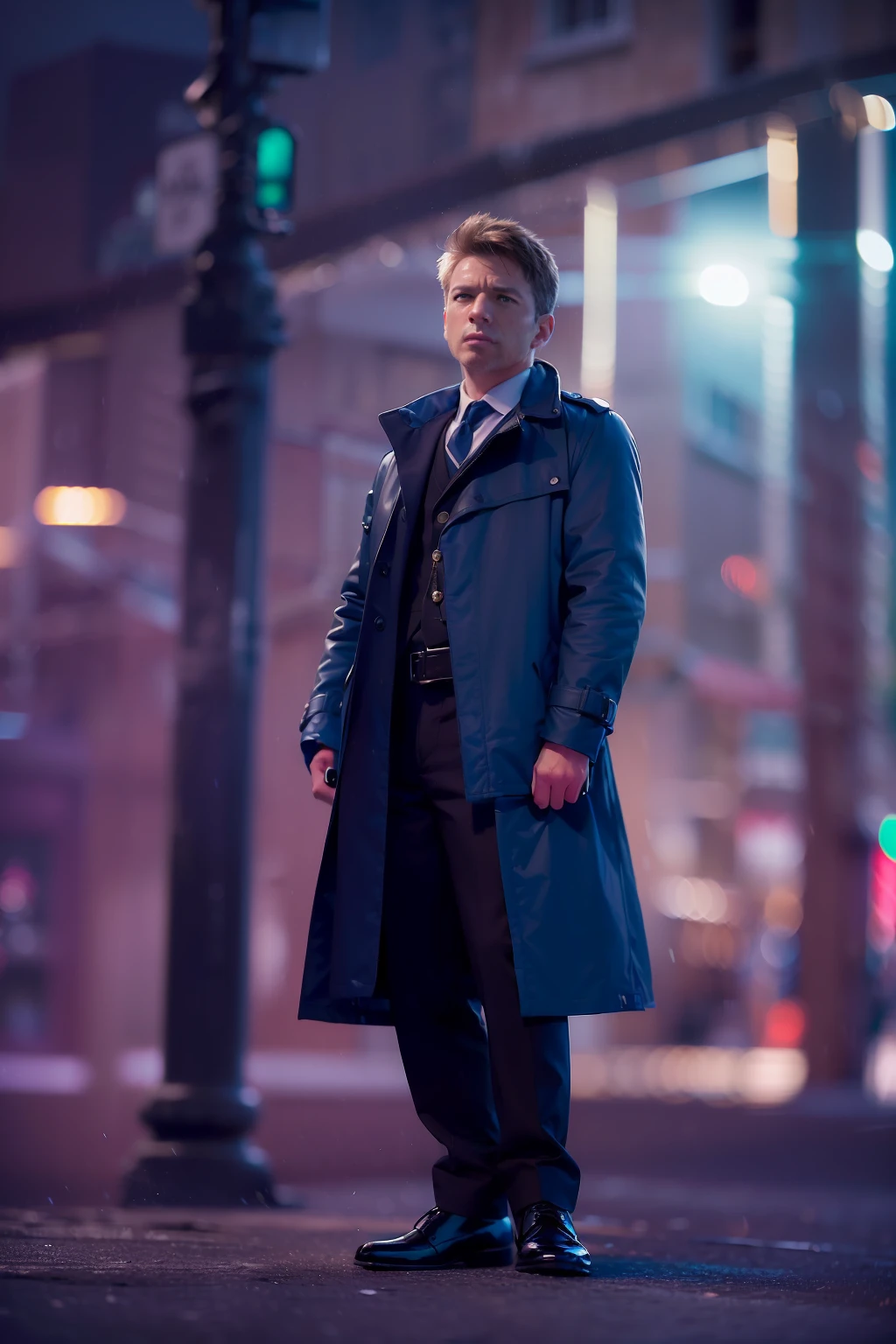 (
(Character: one English man, 40 years old, police, serious expression, short windswept hair, strong body)
(Clothing: blue police coat, tie, shoes)
(Pose: upper body shot:1.7, dynamic pose)
(blurry, intense urban lights in background)
(Style: ((masterpiece:1.5)), (face detailed), photo-realistic:1.3, hyperrealistic, foggy, high contrast, shiny skin, soft lighting, backlighting, bloom, light sparkles, chromatic aberration)
