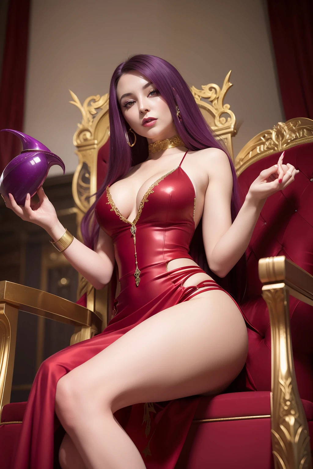 arafed woman in a red dress sitting on a gold throne, castlevania witch, succubus in tight short dress, flirty anime witch casting magic, Commission for high resolution, some red and purple, beautiful sorceress, evil sorcerer, portrait of jinx from arcane, scary queen of death, pretty sorceress, beautiful elegant demon queen